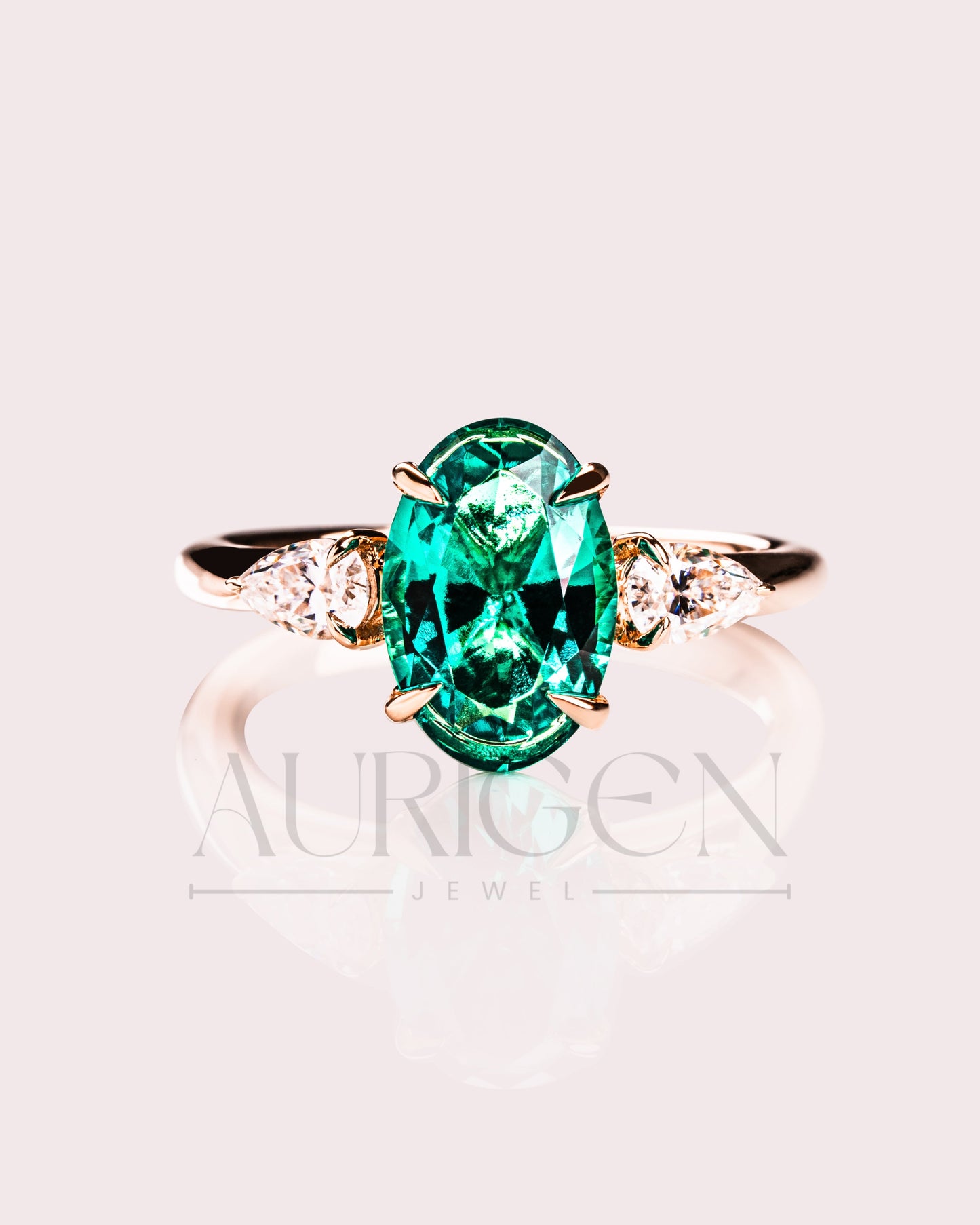 Three Stone Green Oval Cut Moissanite & Lab Grown Diamond Ring