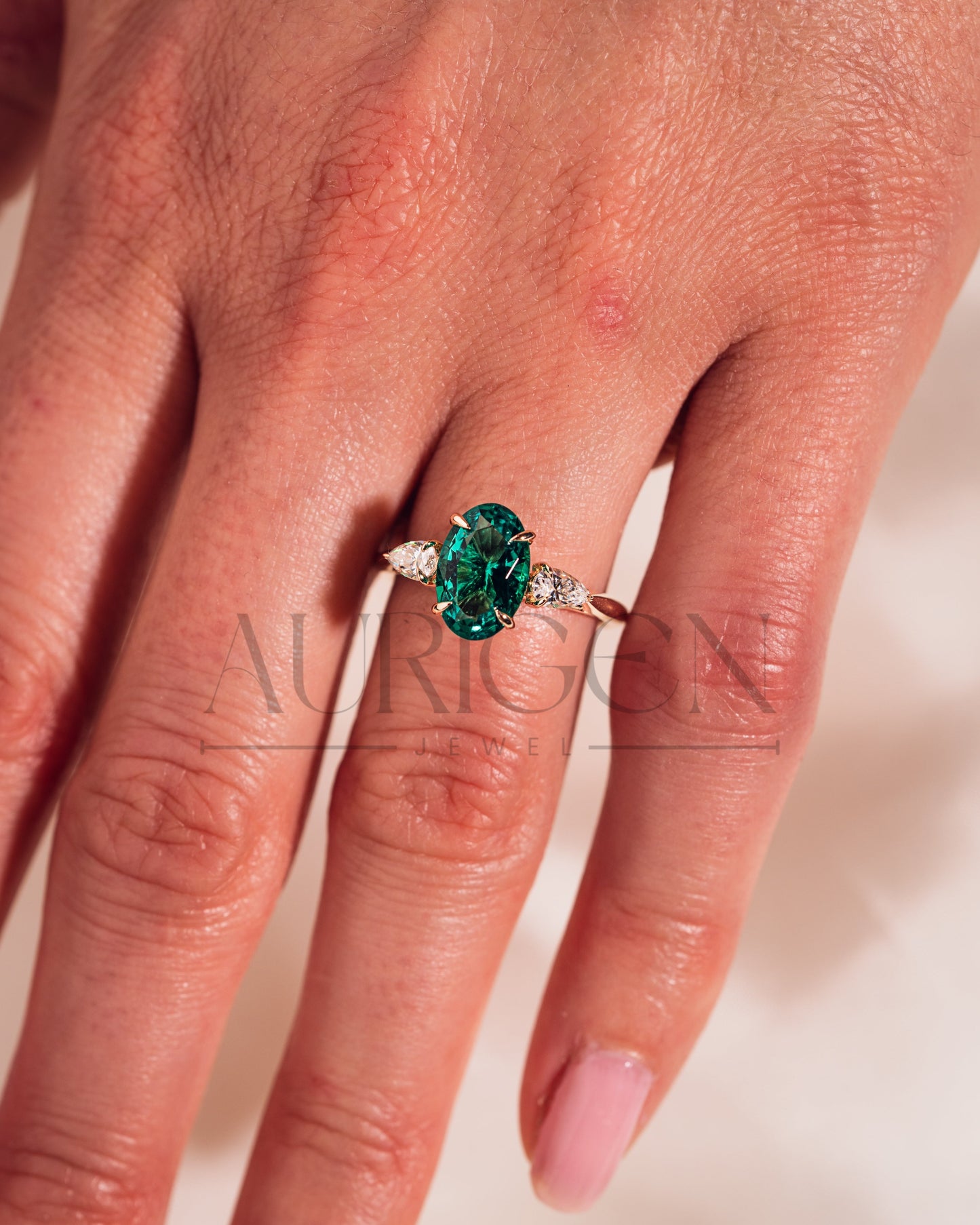 Three Stone Green Oval Cut Moissanite & Lab Grown Diamond Ring