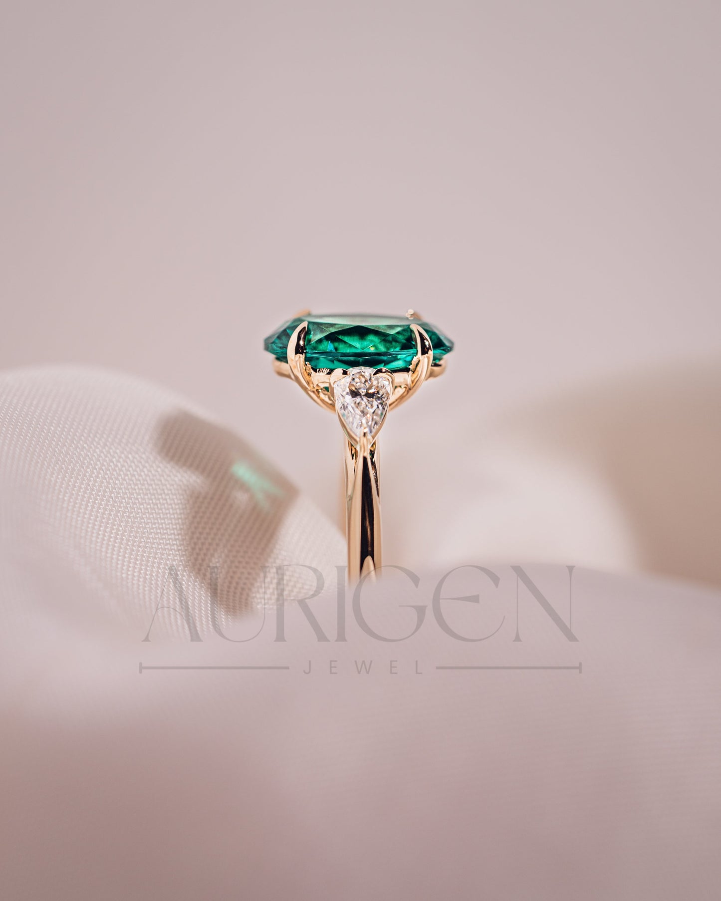 Three Stone Green Oval Cut Moissanite & Lab Grown Diamond Ring