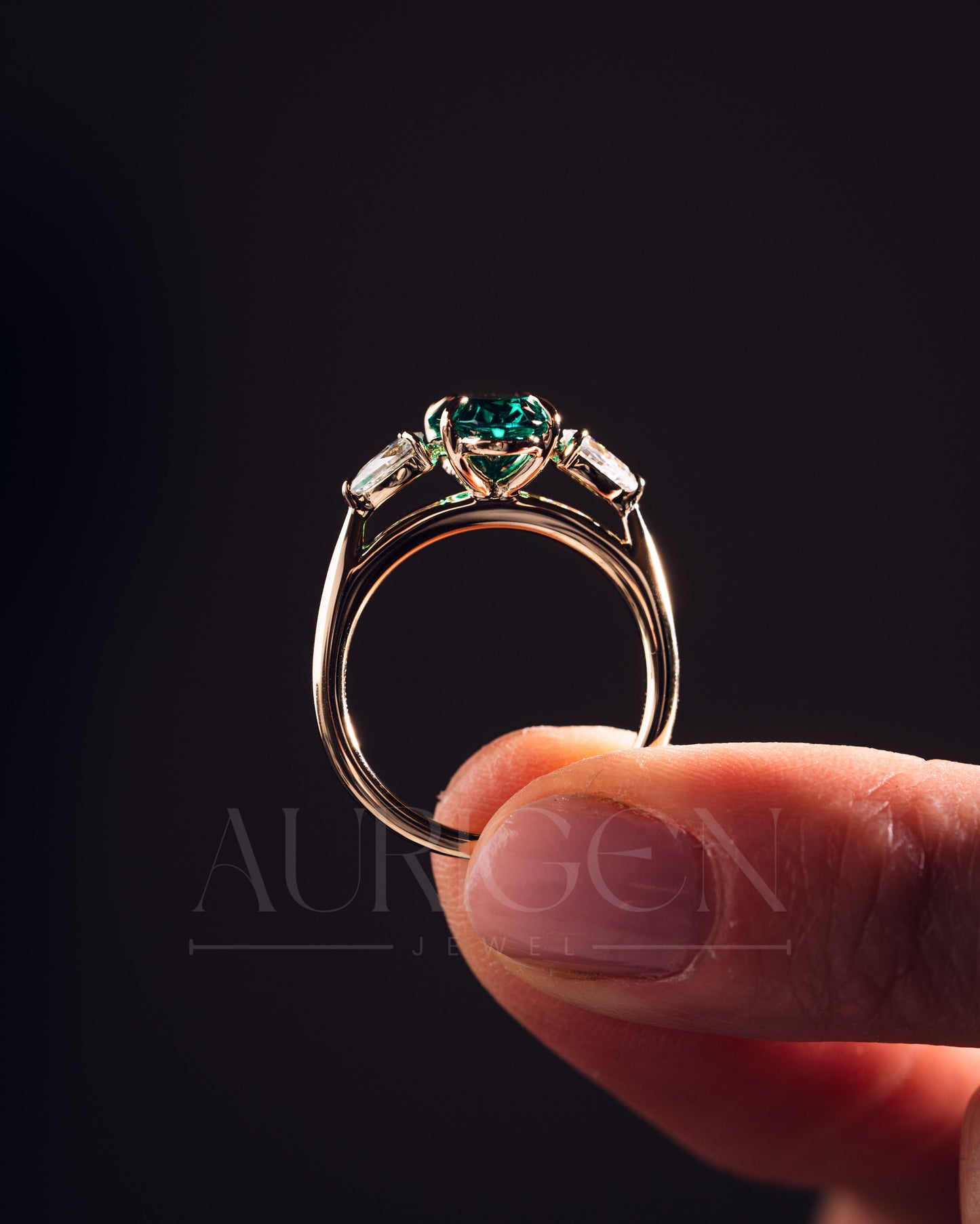 Three Stone Green Oval Cut Moissanite & Lab Grown Diamond Ring