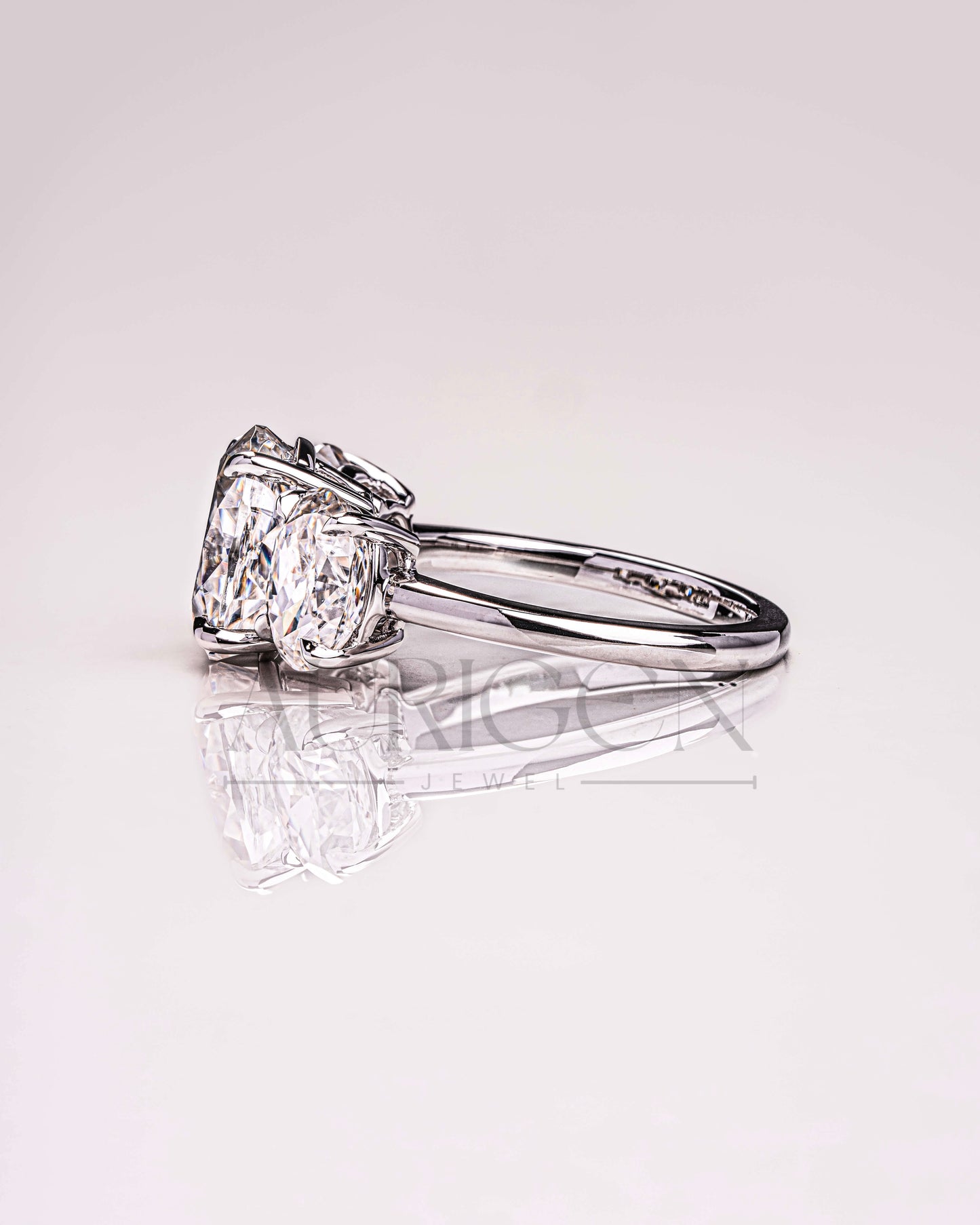 Three Stone Oval Cut Engagement Ring in Solid Gold – Ice Crushed Moissanite and Lab Diamond