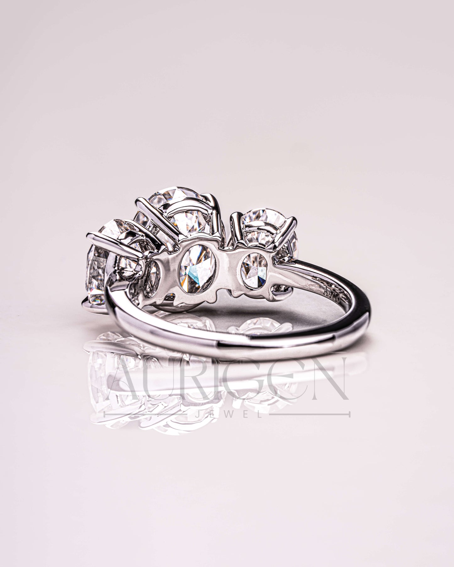 Three Stone Oval Cut Engagement Ring in Solid Gold – Ice Crushed Moissanite and Lab Diamond
