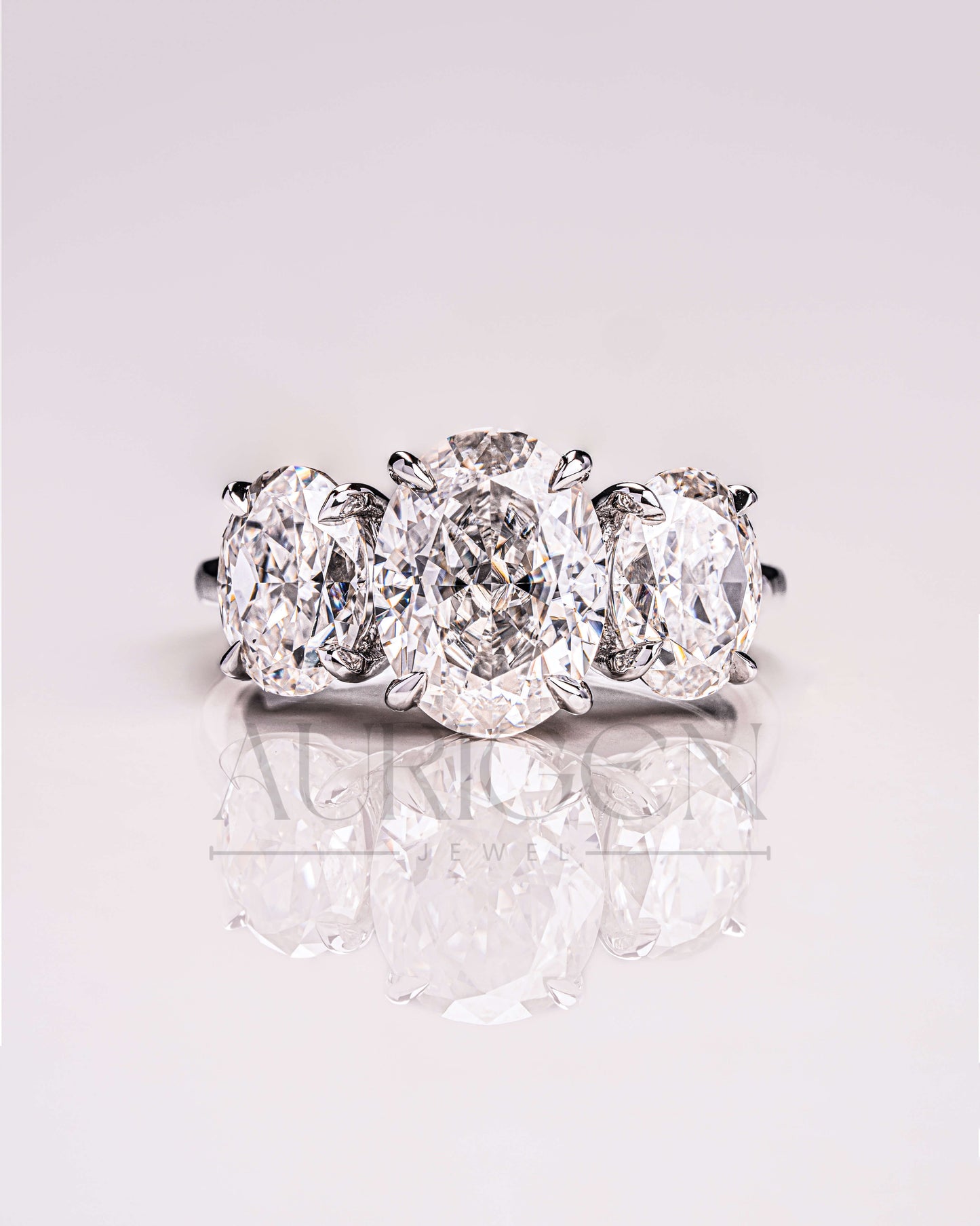 Three Stone Oval Cut Engagement Ring in Solid Gold – Ice Crushed Moissanite and Lab Diamond