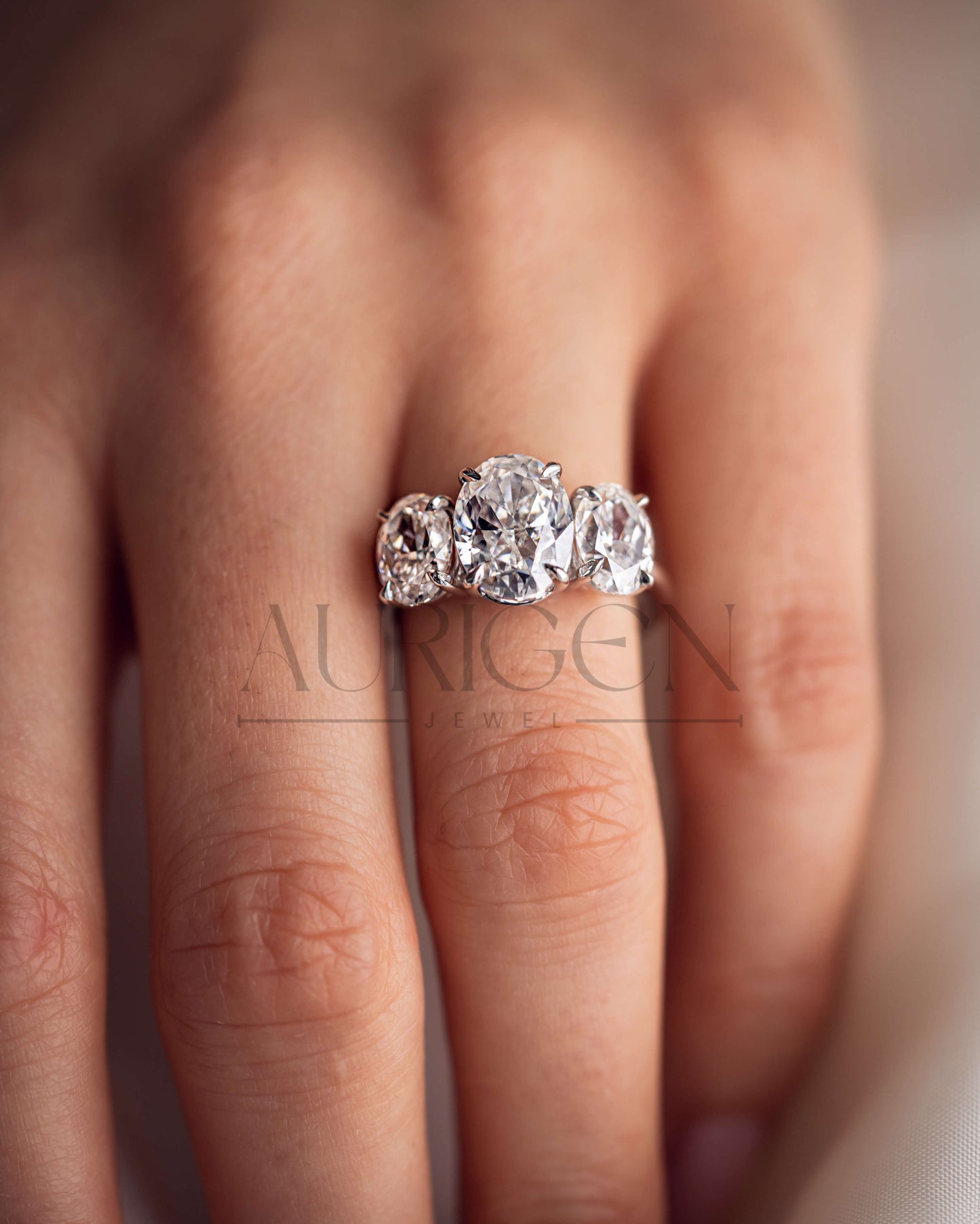 Three Stone Oval Cut Engagement Ring in Solid Gold – Ice Crushed Moissanite and Lab Diamond