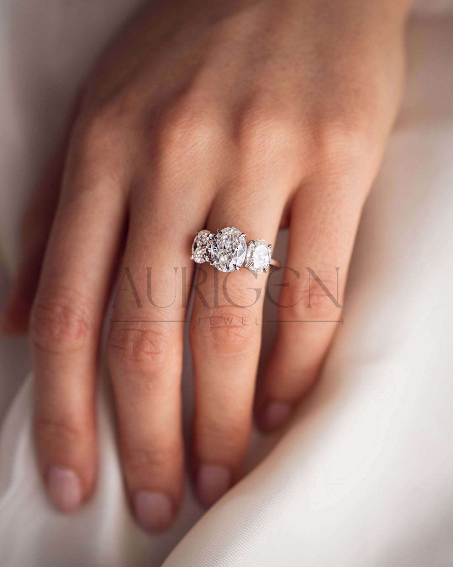 Three Stone Oval Cut Engagement Ring in Solid Gold – Ice Crushed Moissanite and Lab Diamond