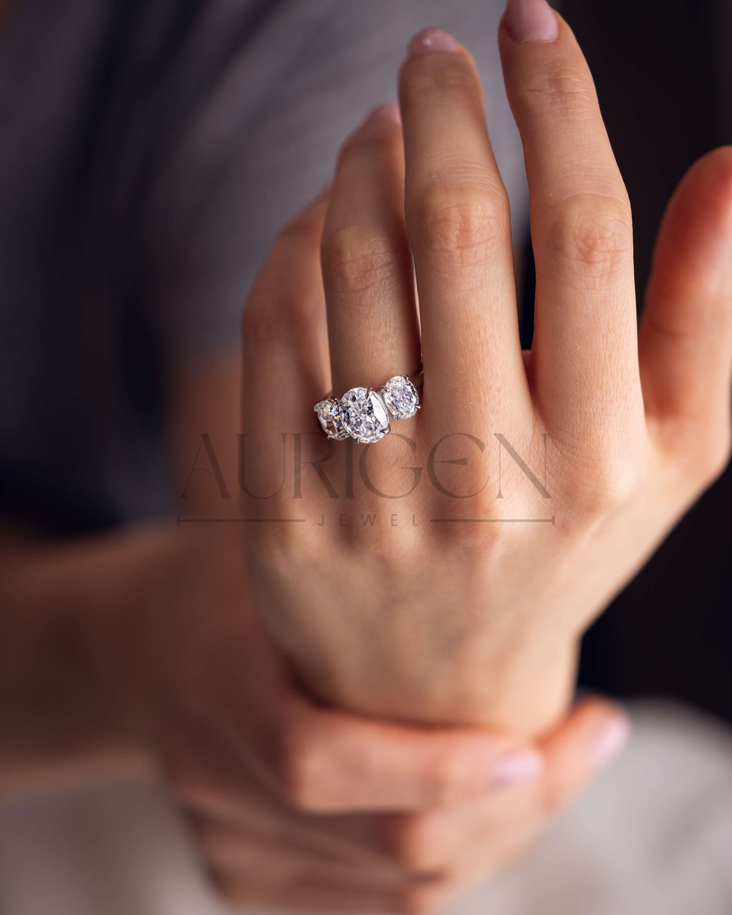Three Stone Oval Cut Engagement Ring in Solid Gold – Ice Crushed Moissanite and Lab Diamond