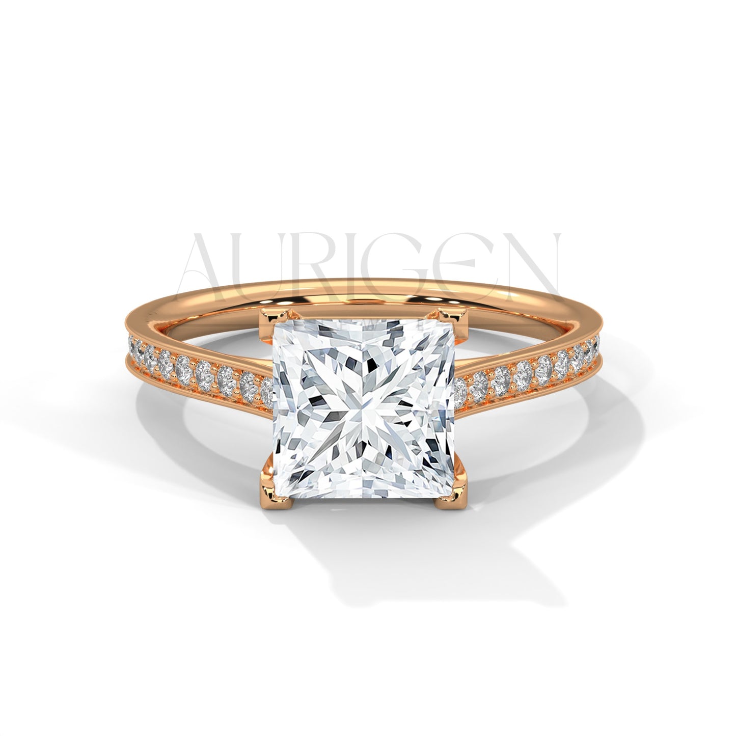 14K Solid Gold Princess Cut Diamond Engagement Ring with Pave Band