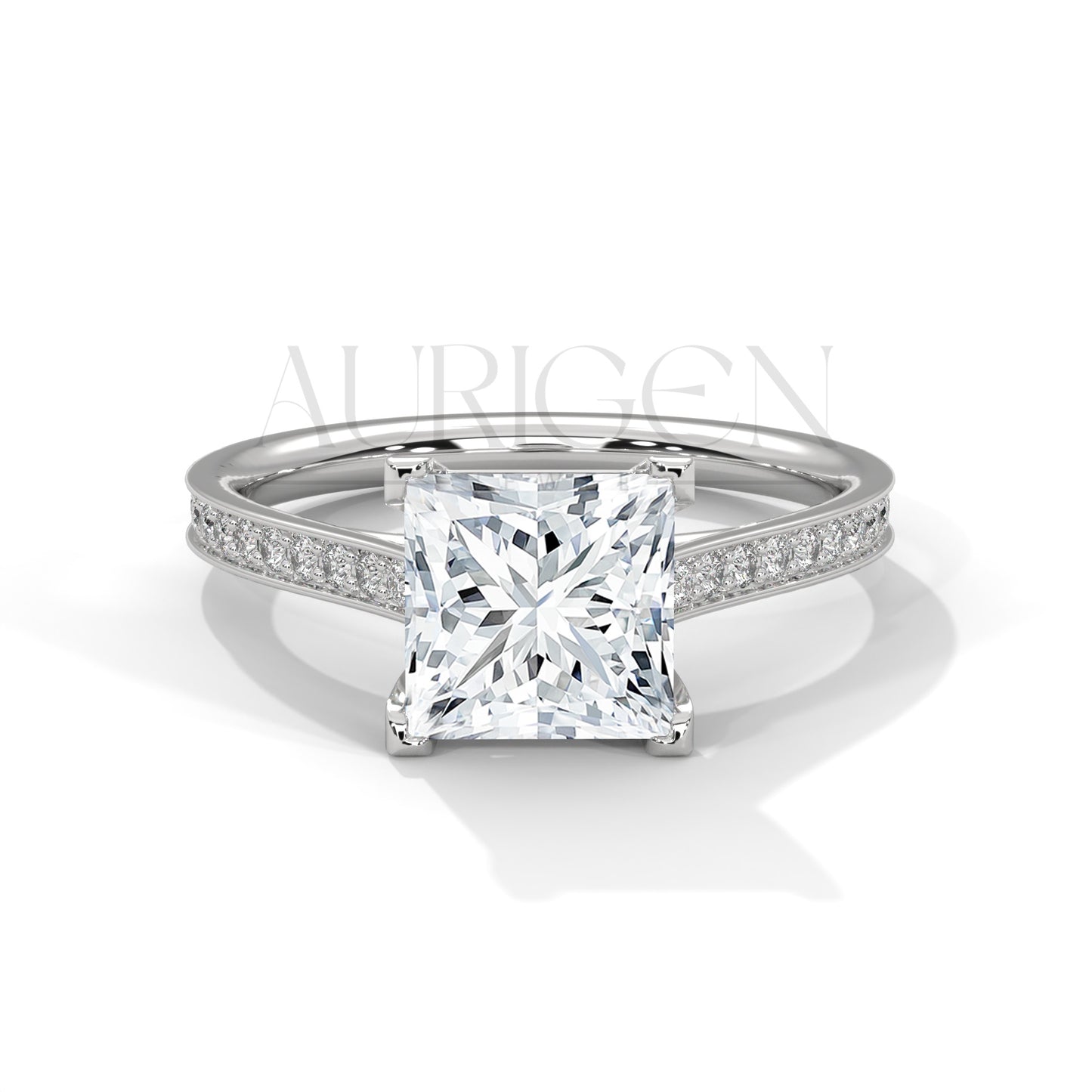 14K Solid Gold Princess Cut Diamond Engagement Ring with Pave Band