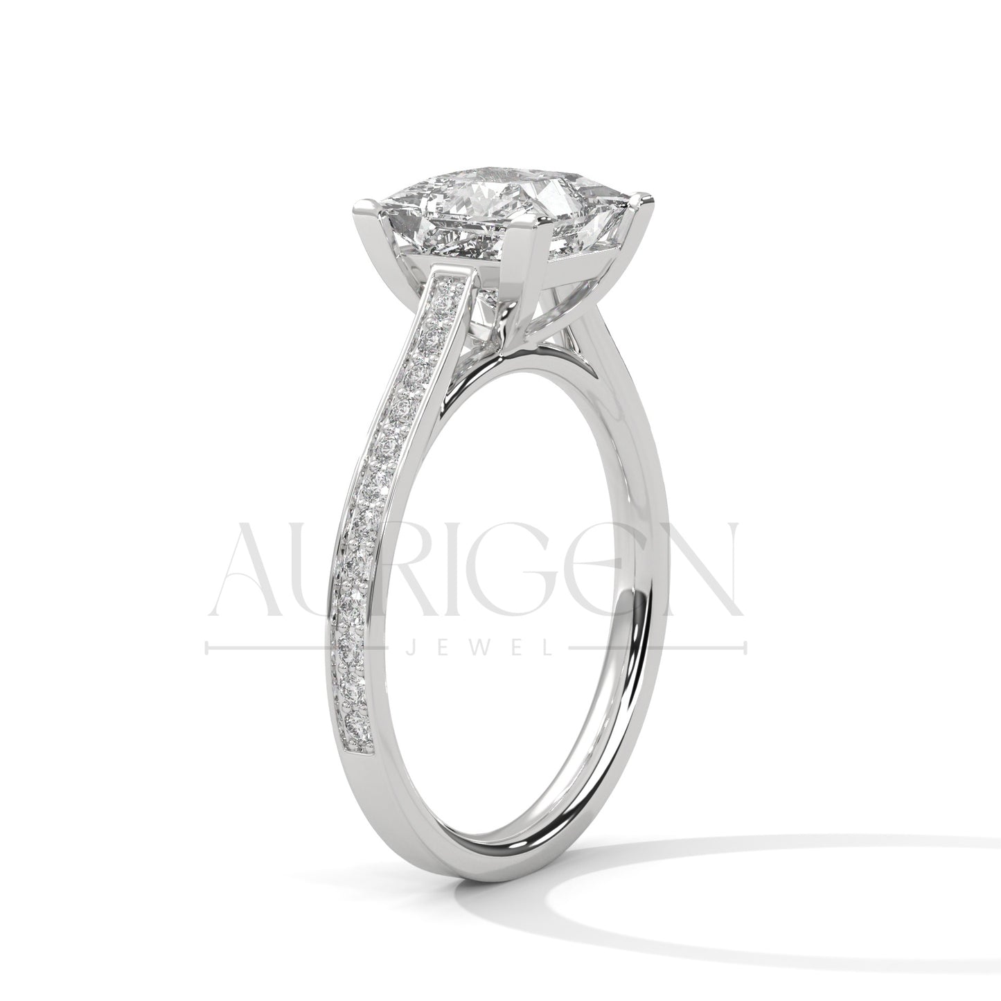 14K Solid Gold Princess Cut Diamond Engagement Ring with Pave Band