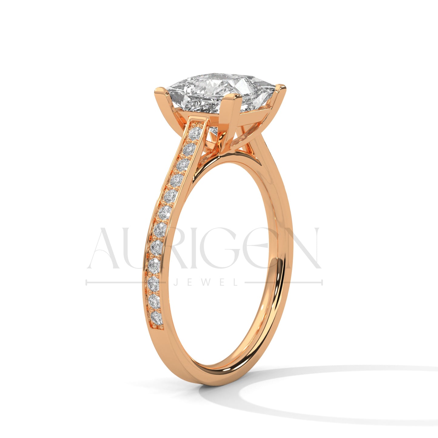 14K Solid Gold Princess Cut Diamond Engagement Ring with Pave Band