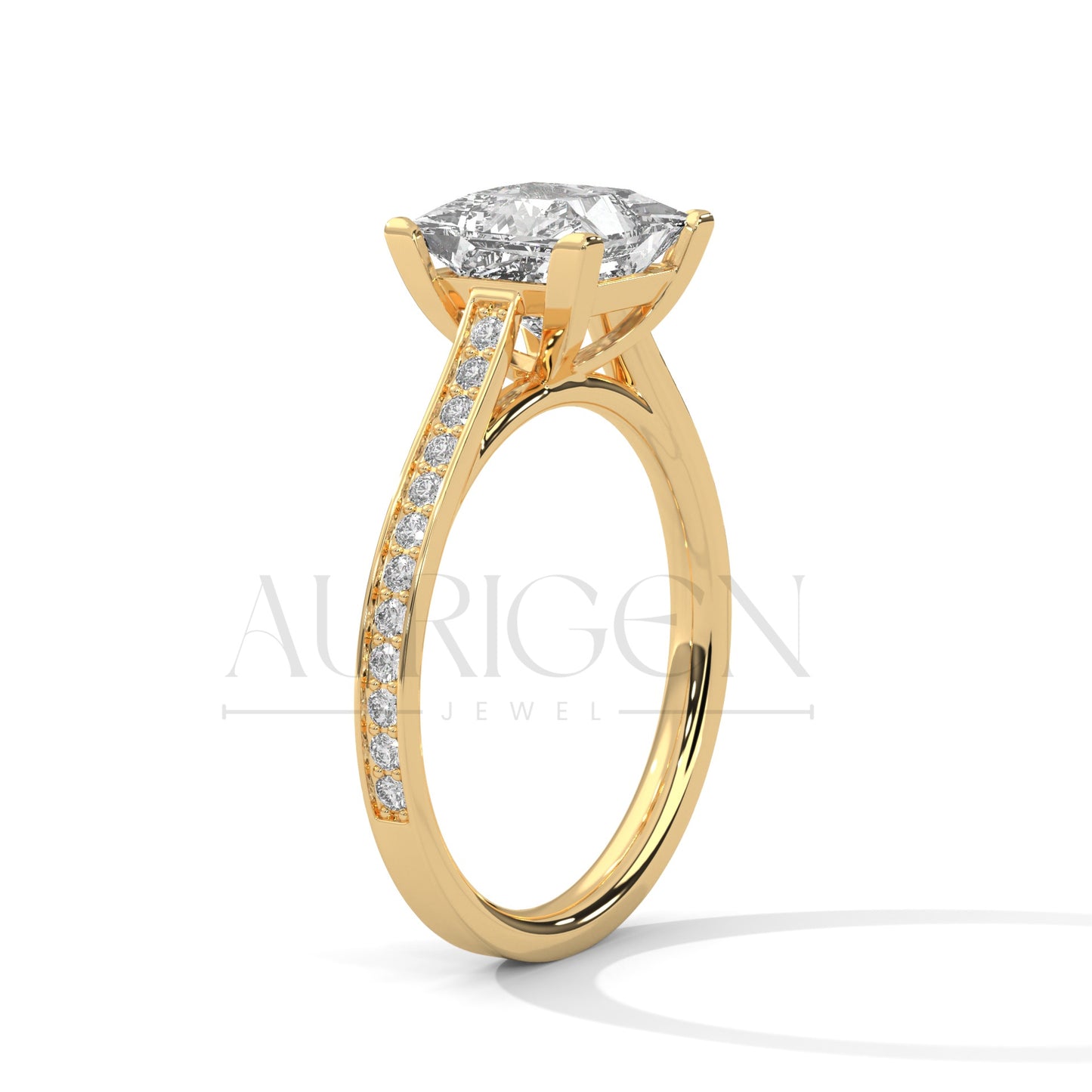 14K Solid Gold Princess Cut Diamond Engagement Ring with Pave Band