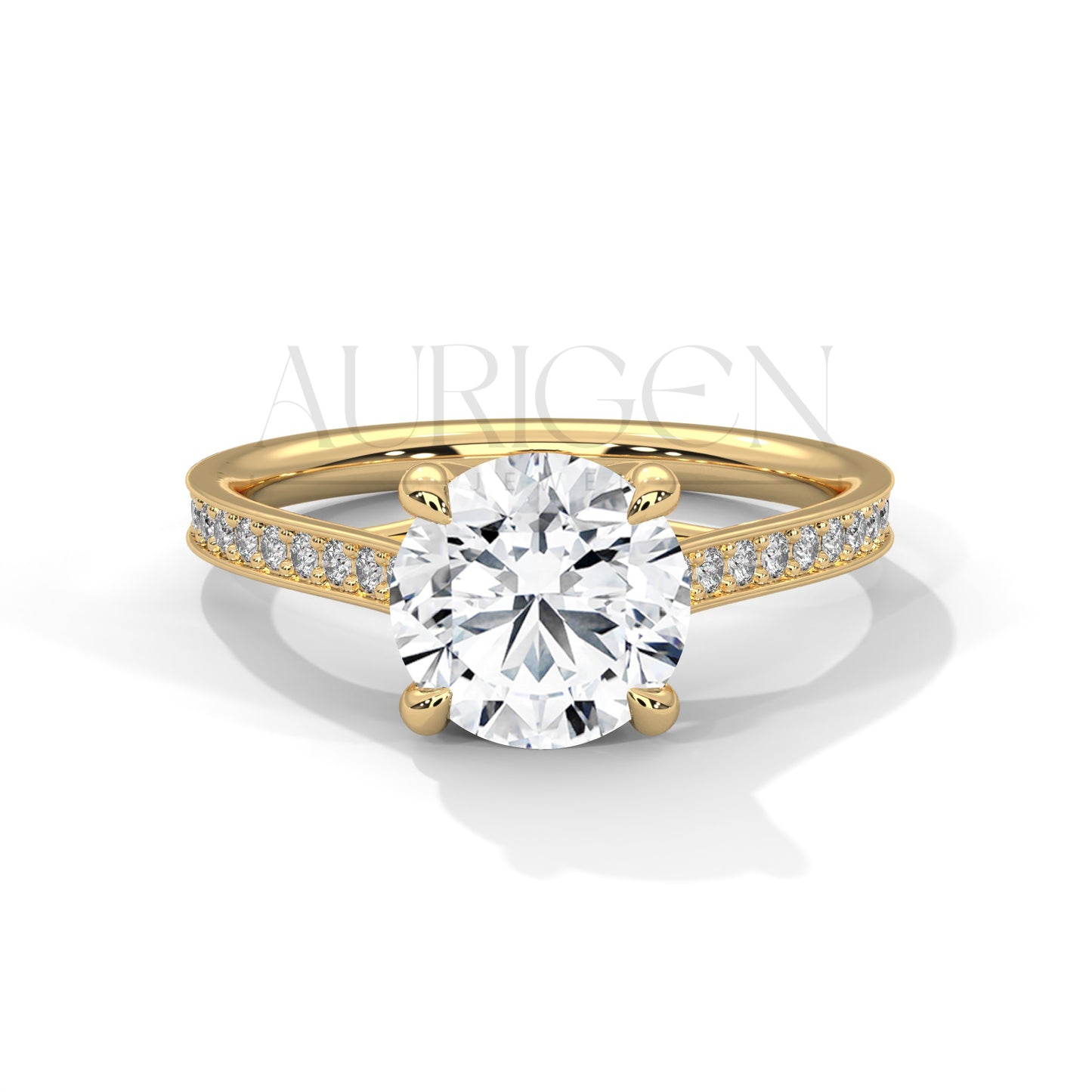 Classic 4 Prong Round Diamond Engagement Ring with Pave Band in 14K Solid Gold