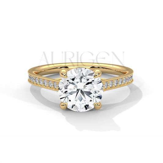 Classic 4 Prong Round Diamond Engagement Ring with Pave Band in 14K Solid Gold