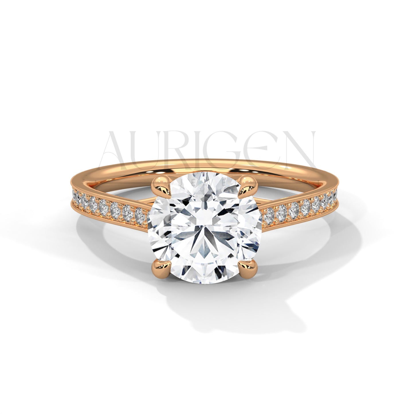 Classic 4 Prong Round Diamond Engagement Ring with Pave Band in 14K Solid Gold