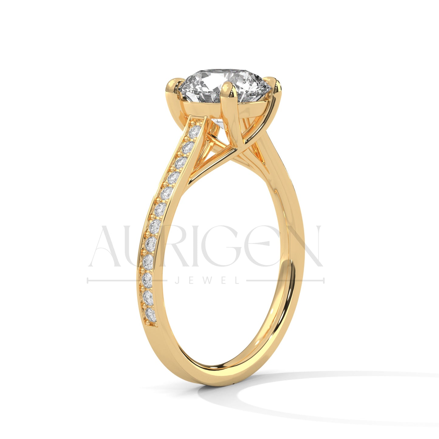 Classic 4 Prong Round Diamond Engagement Ring with Pave Band in 14K Solid Gold