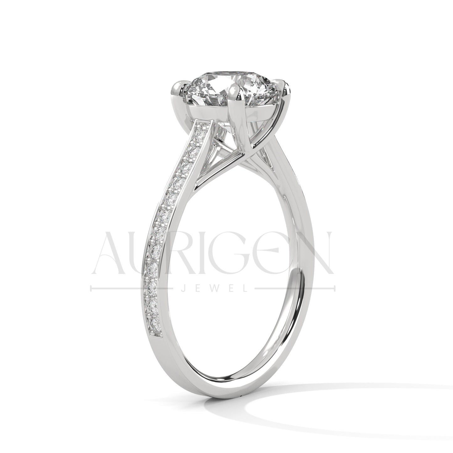 Classic 4 Prong Round Diamond Engagement Ring with Pave Band in 14K Solid Gold