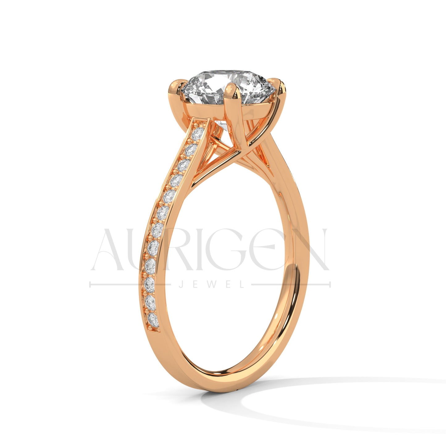 Classic 4 Prong Round Diamond Engagement Ring with Pave Band in 14K Solid Gold