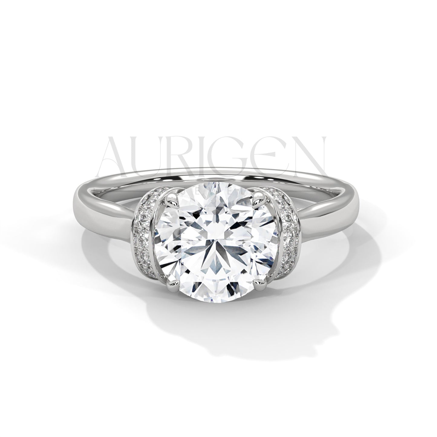 Round Cut Diamond Ring with Double Crescent Pave Claw Setting in 14K Solid Gold