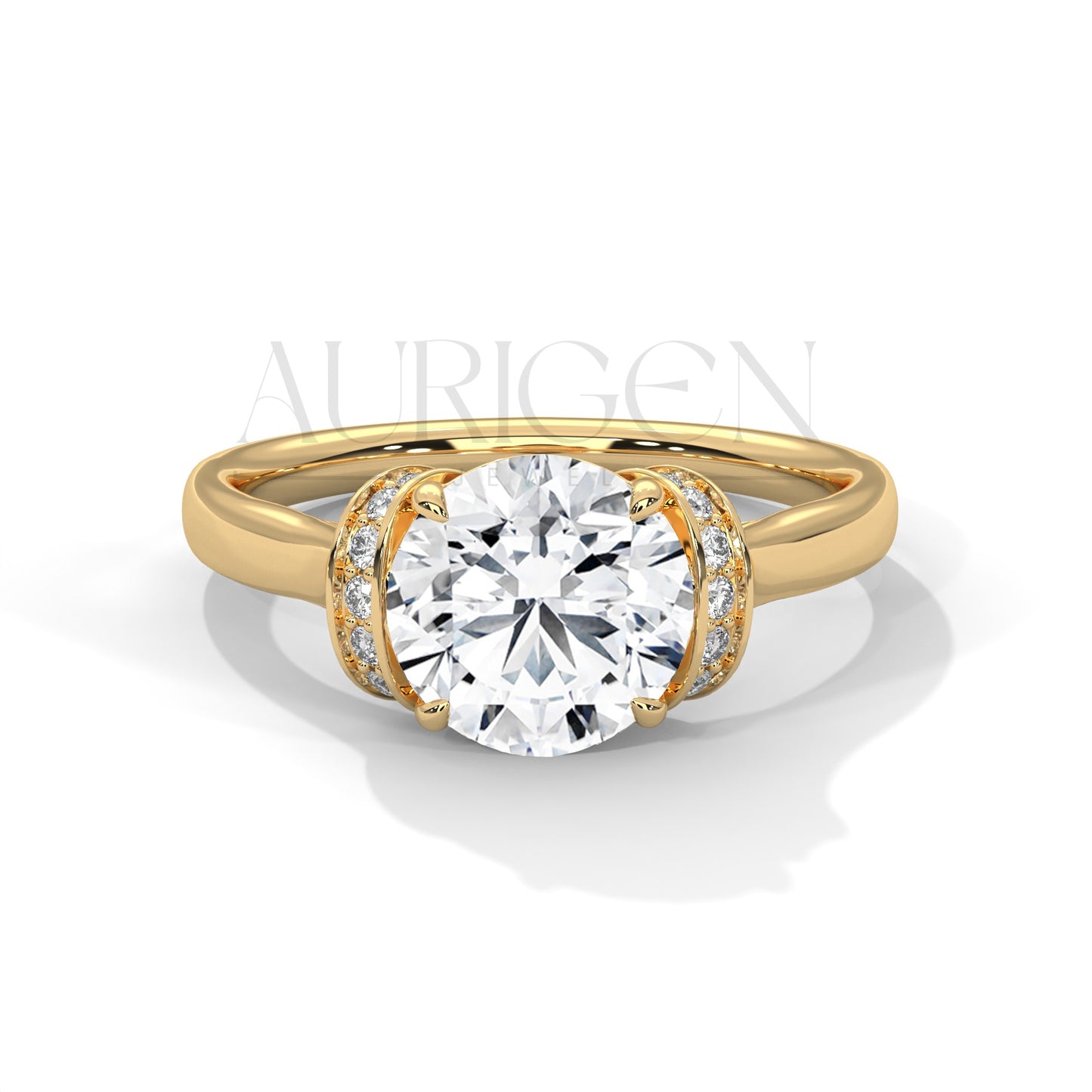 Round Cut Diamond Ring with Double Crescent Pave Claw Setting in 14K Solid Gold