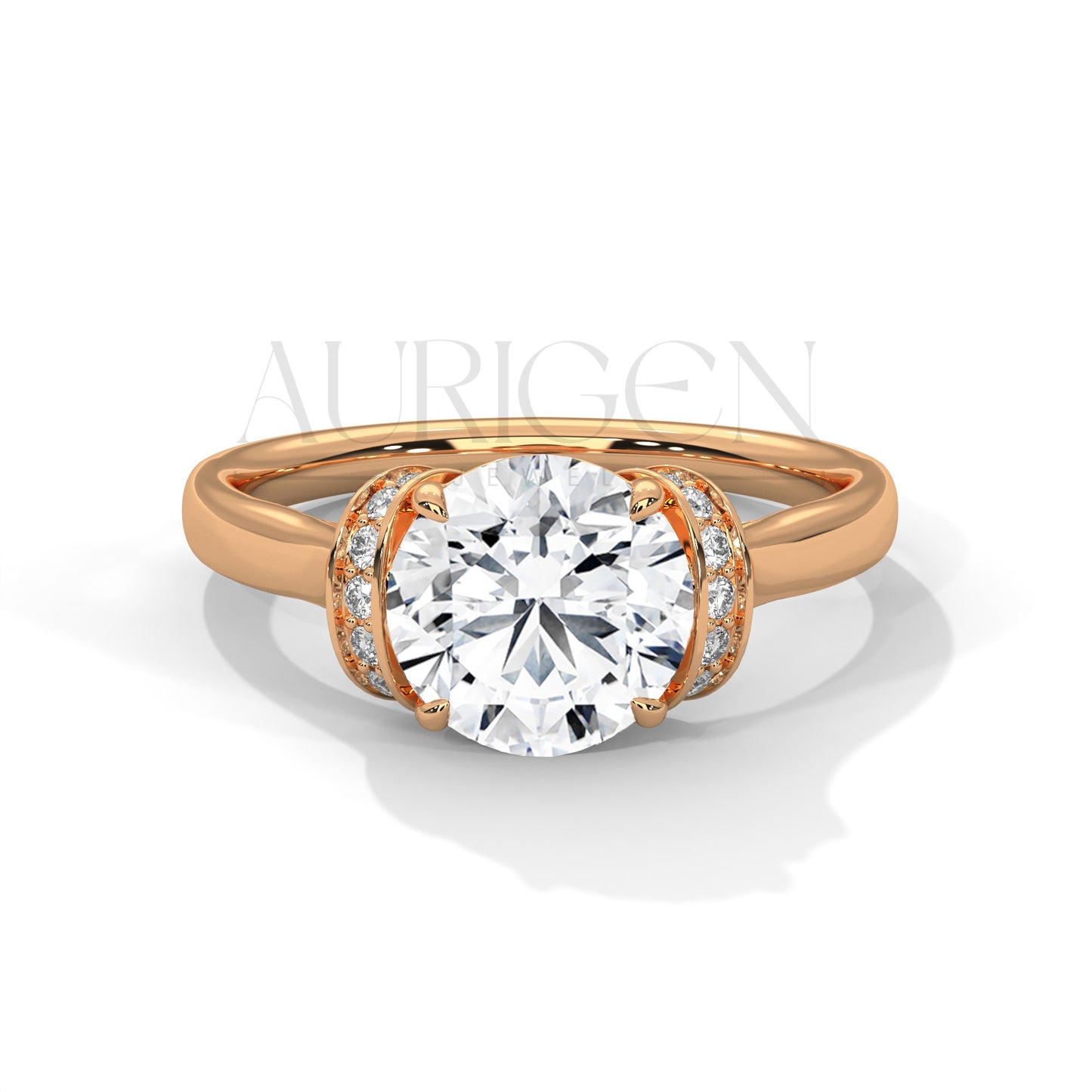 Round Cut Diamond Ring with Double Crescent Pave Claw Setting in 14K Solid Gold