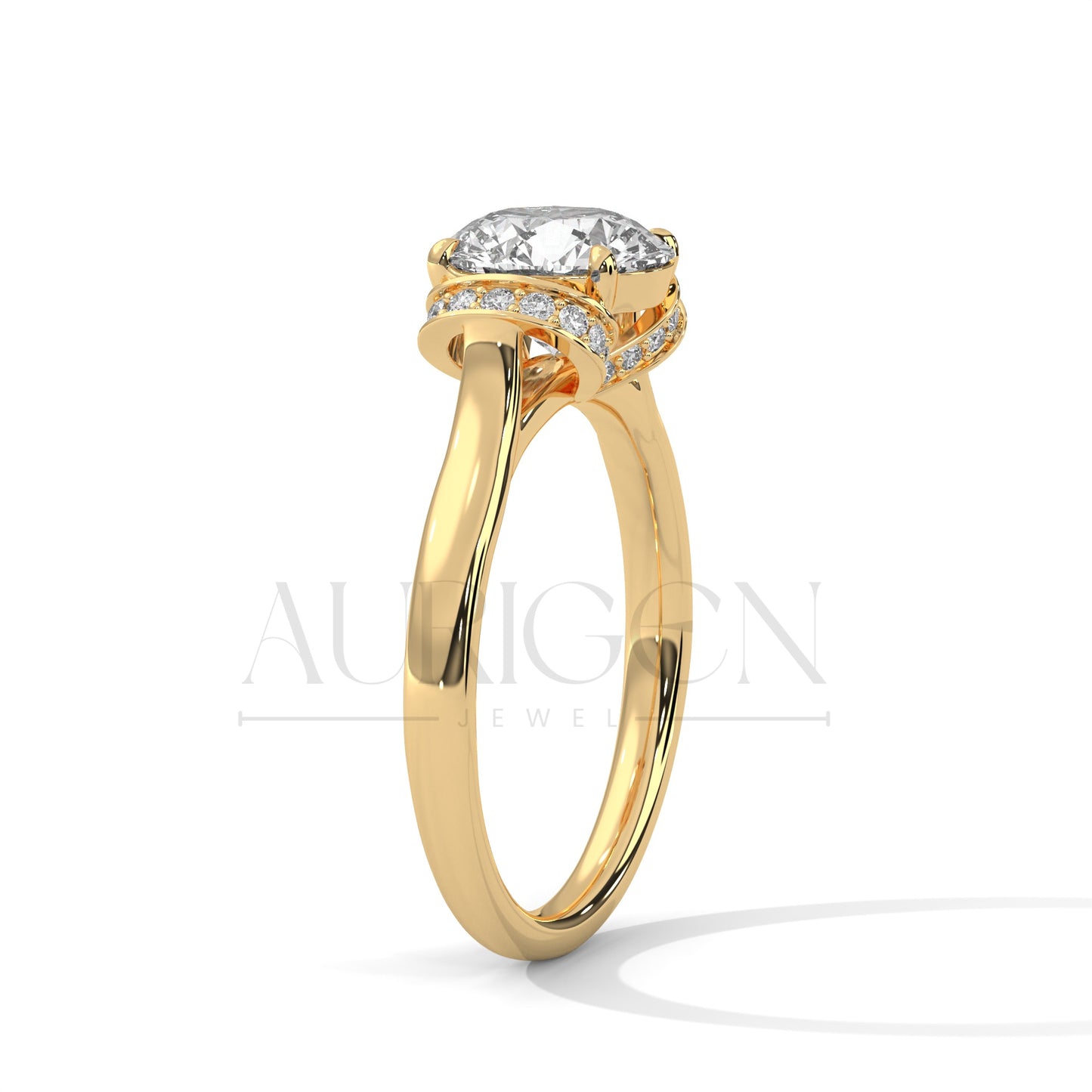 Round Cut Diamond Ring with Double Crescent Pave Claw Setting in 14K Solid Gold