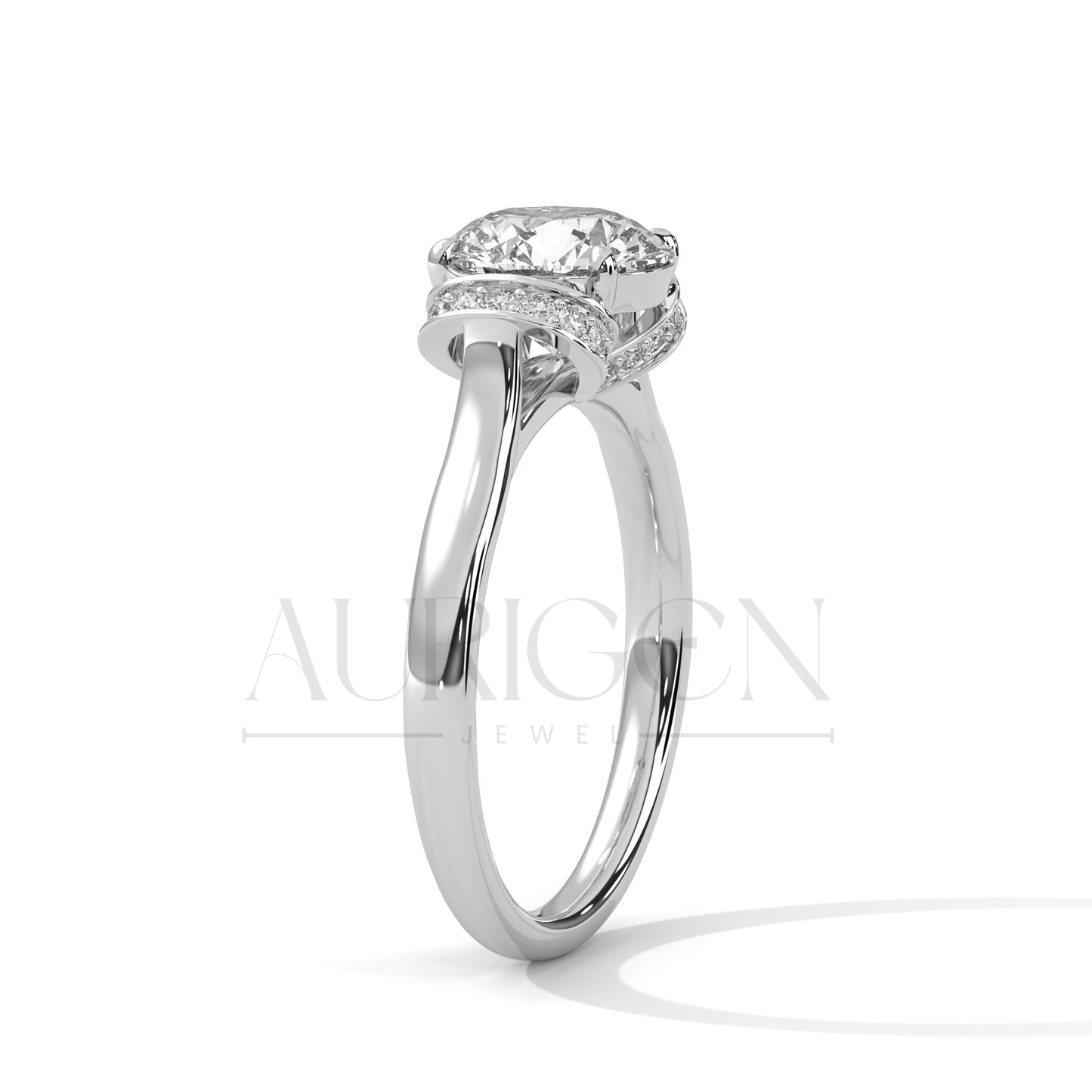 Round Cut Diamond Ring with Double Crescent Pave Claw Setting in 14K Solid Gold