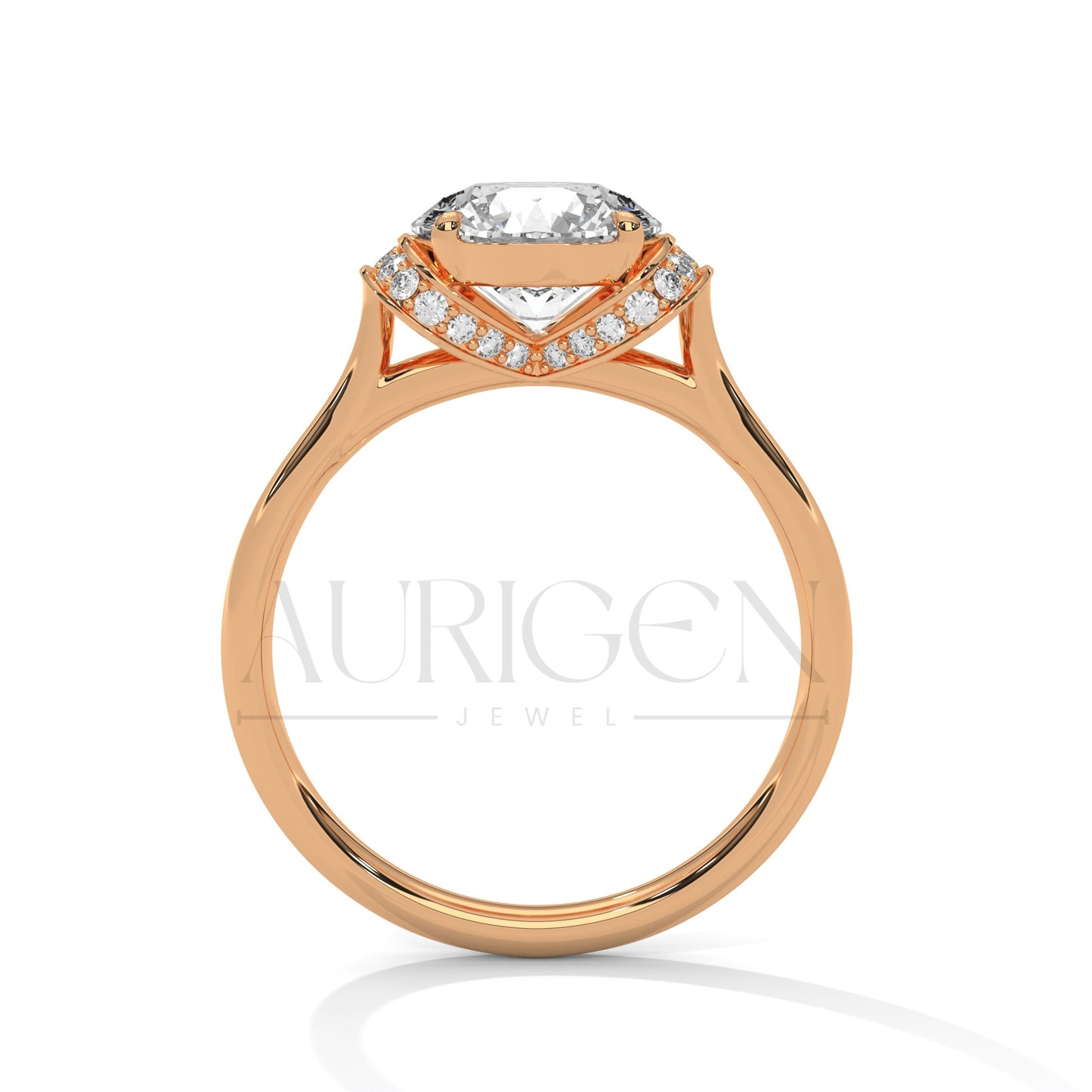 Round Cut Diamond Ring with Double Crescent Pave Claw Setting in 14K Solid Gold