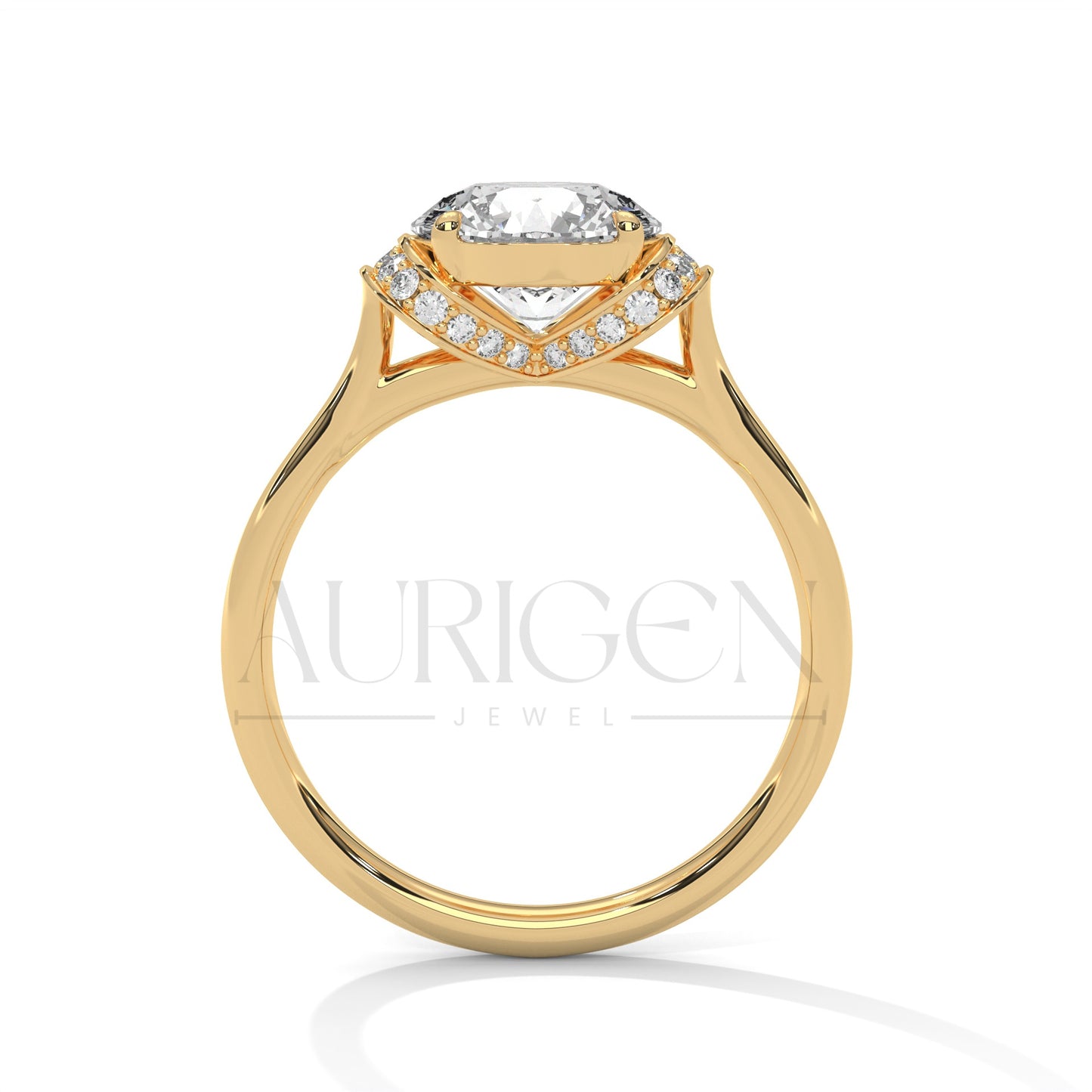 Round Cut Diamond Ring with Double Crescent Pave Claw Setting in 14K Solid Gold