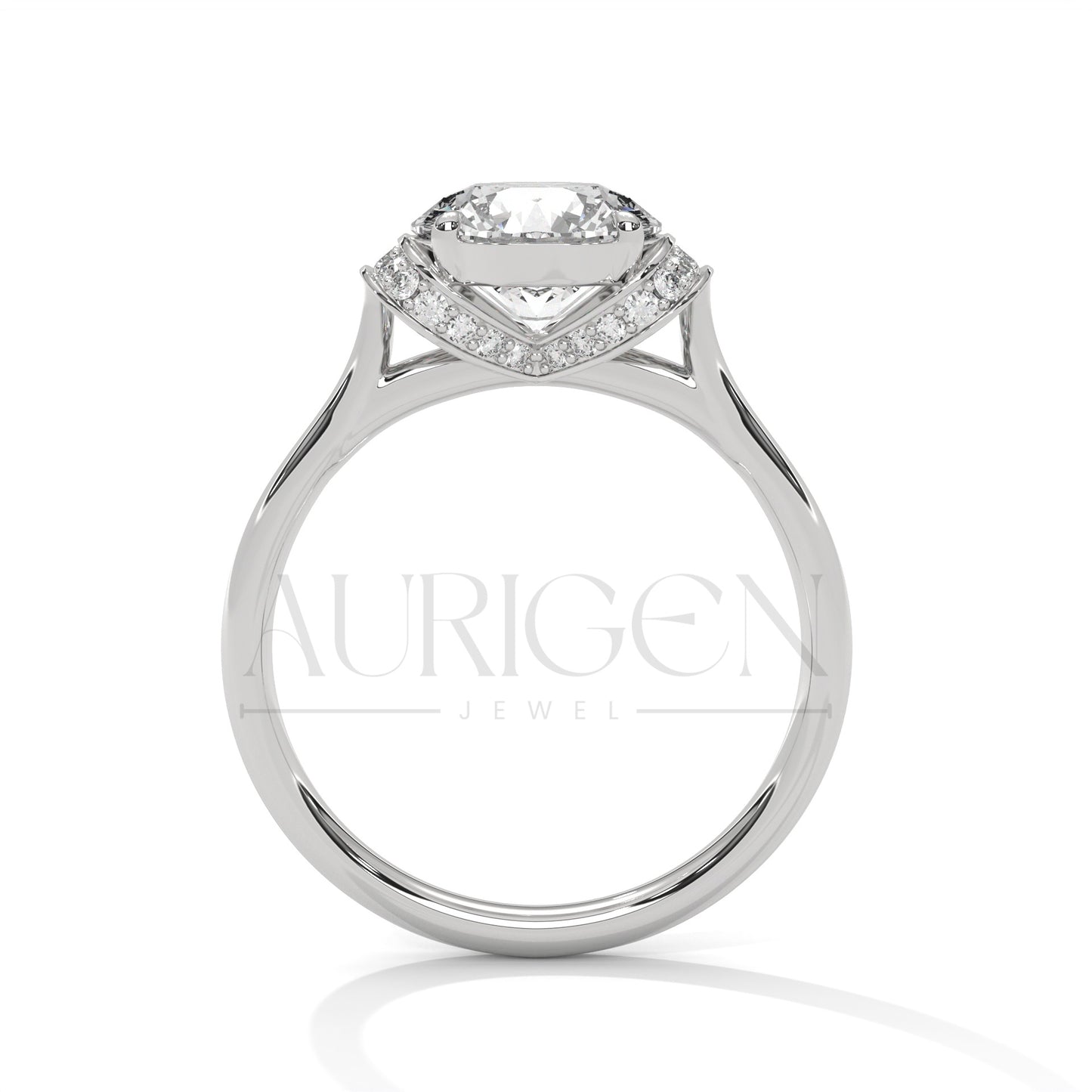 Round Cut Diamond Ring with Double Crescent Pave Claw Setting in 14K Solid Gold