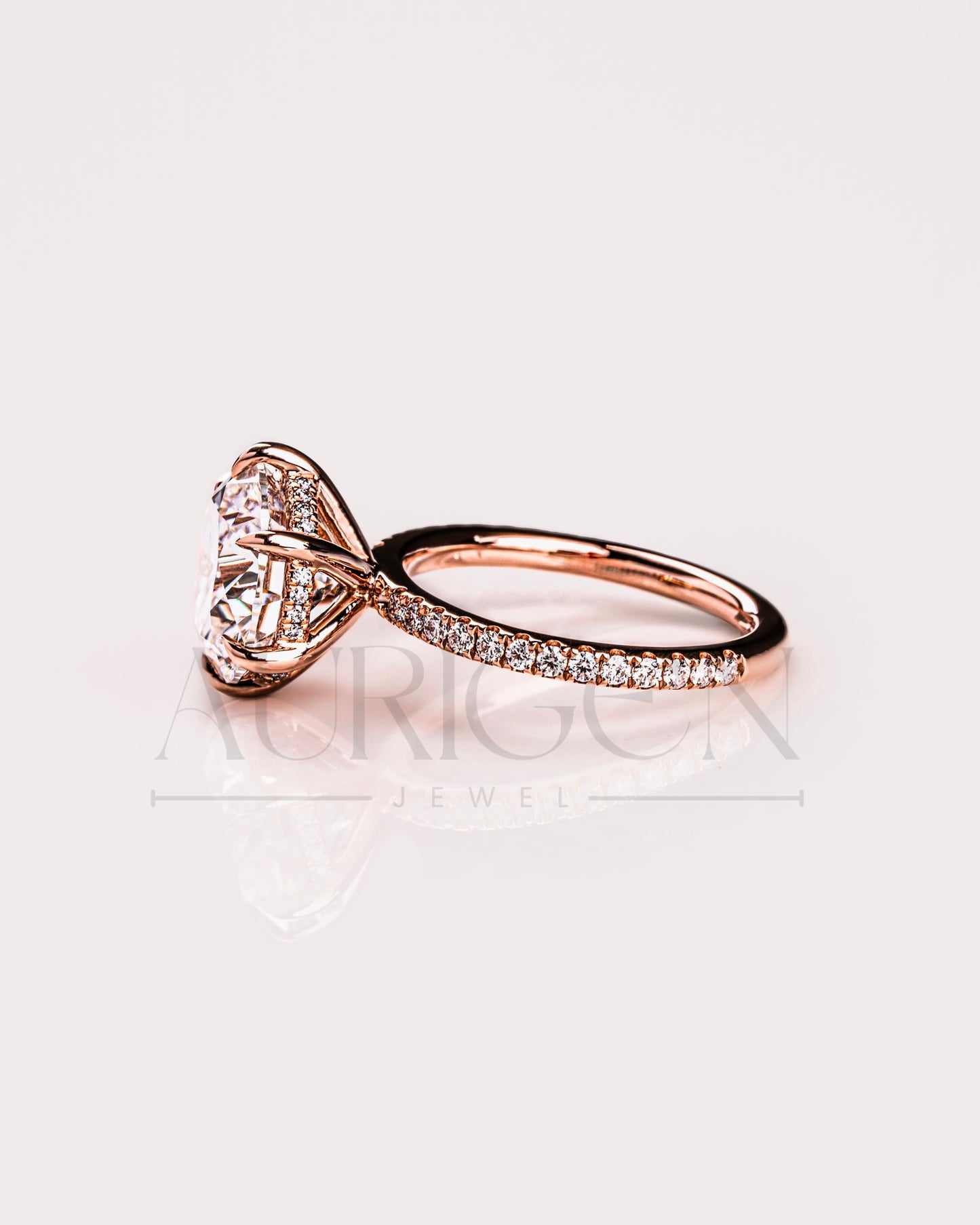 Rose Gold Round Cut Engagement Ring with Hidden Halo Moissanite and Leb Diamond Ring