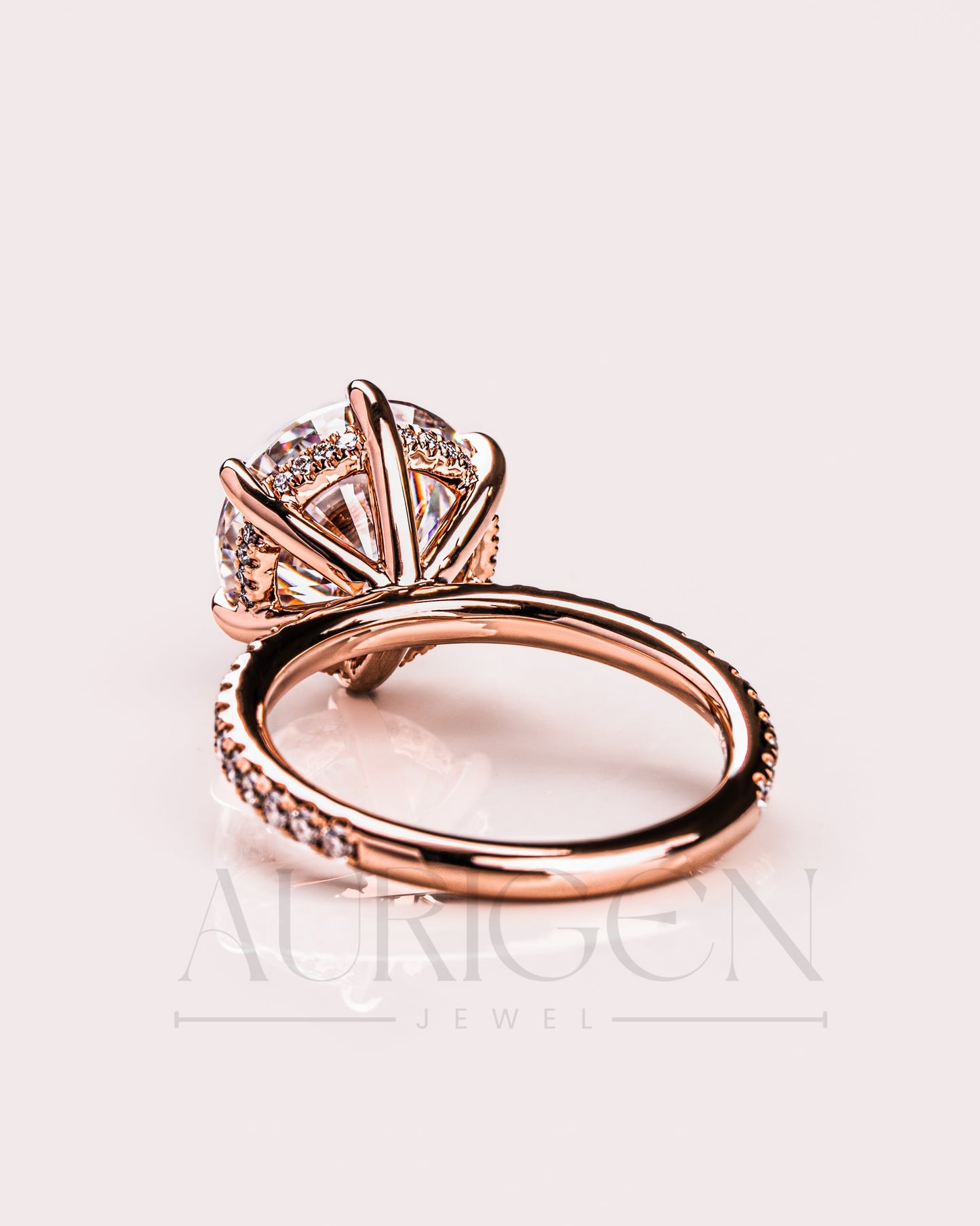 Rose Gold Round Cut Engagement Ring with Hidden Halo Moissanite and Leb Diamond Ring