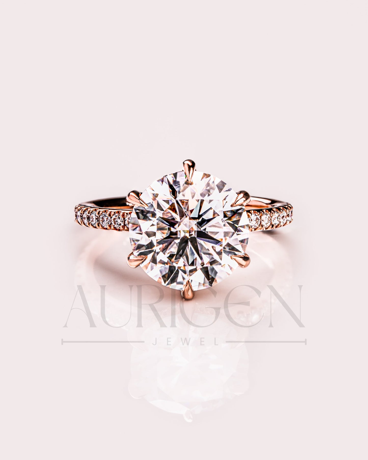 Rose Gold Round Cut Engagement Ring with Hidden Halo Moissanite and Leb Diamond Ring