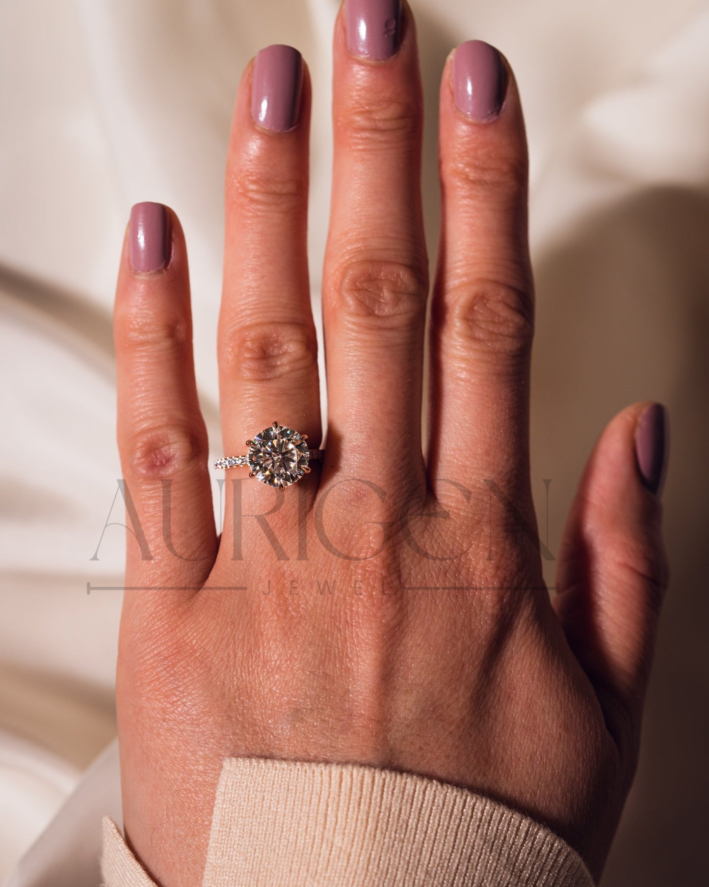 Rose Gold Round Cut Engagement Ring with Hidden Halo Moissanite and Leb Diamond Ring