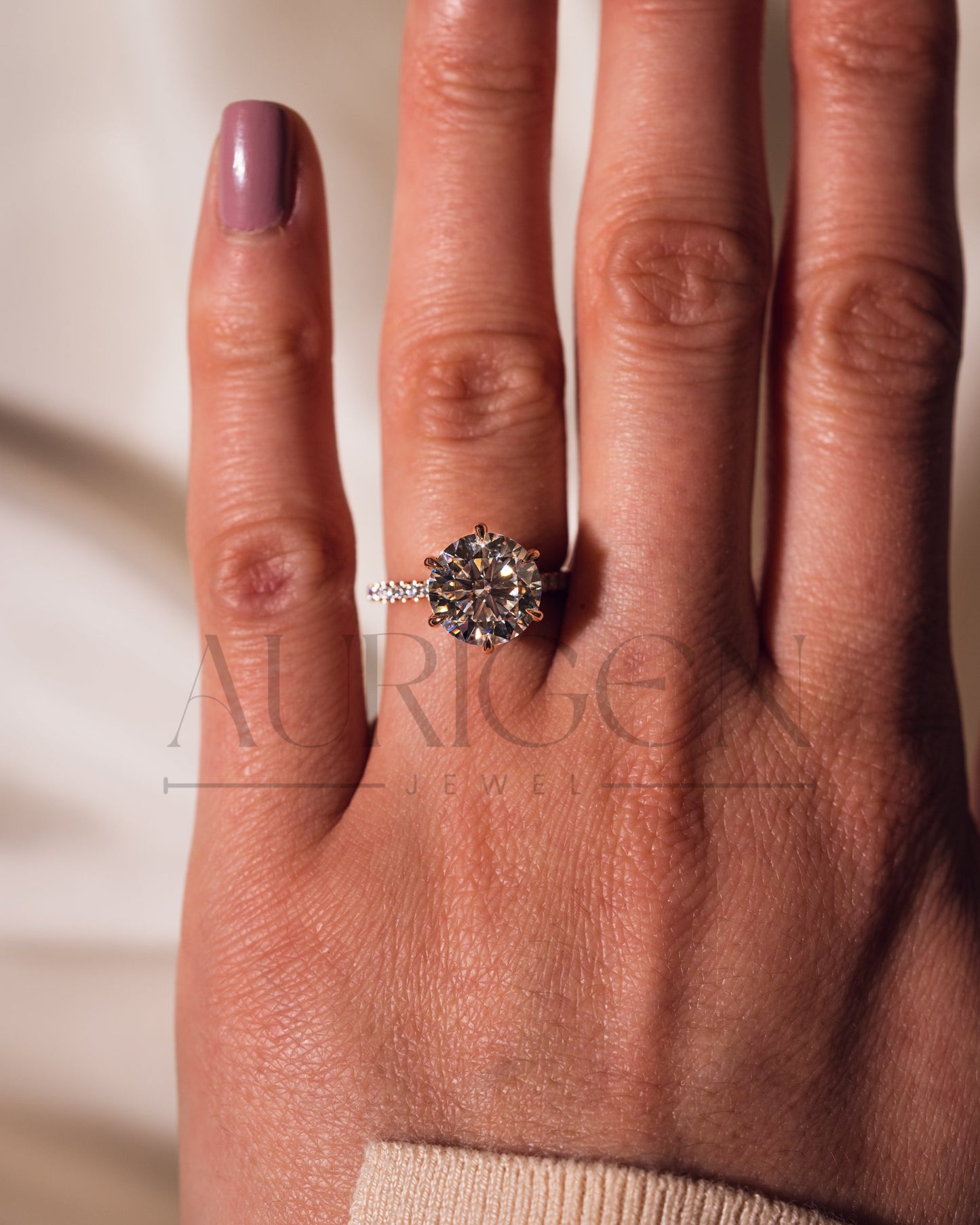 Rose Gold Round Cut Engagement Ring with Hidden Halo Moissanite and Leb Diamond Ring