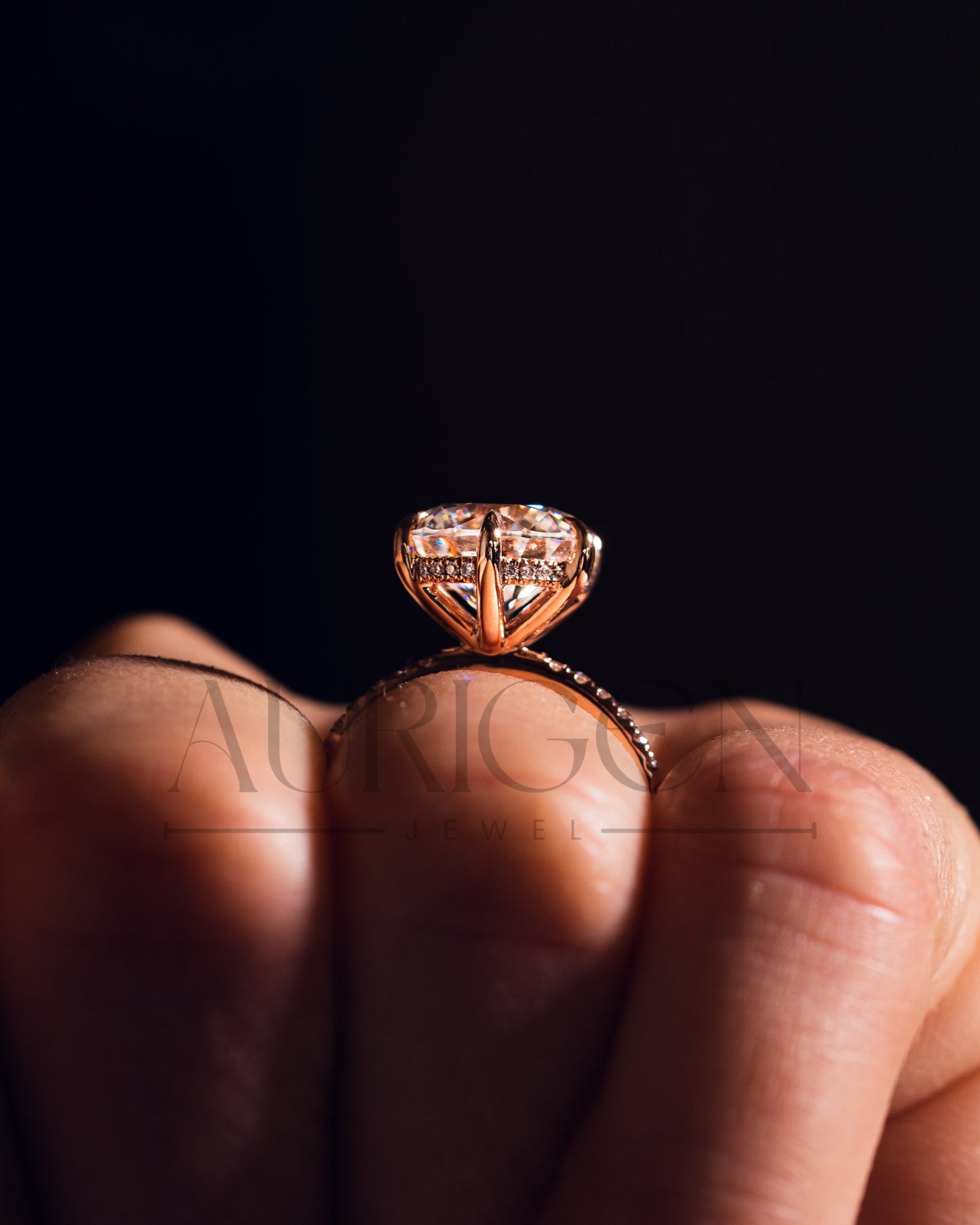 Rose Gold Round Cut Engagement Ring with Hidden Halo Moissanite and Leb Diamond Ring