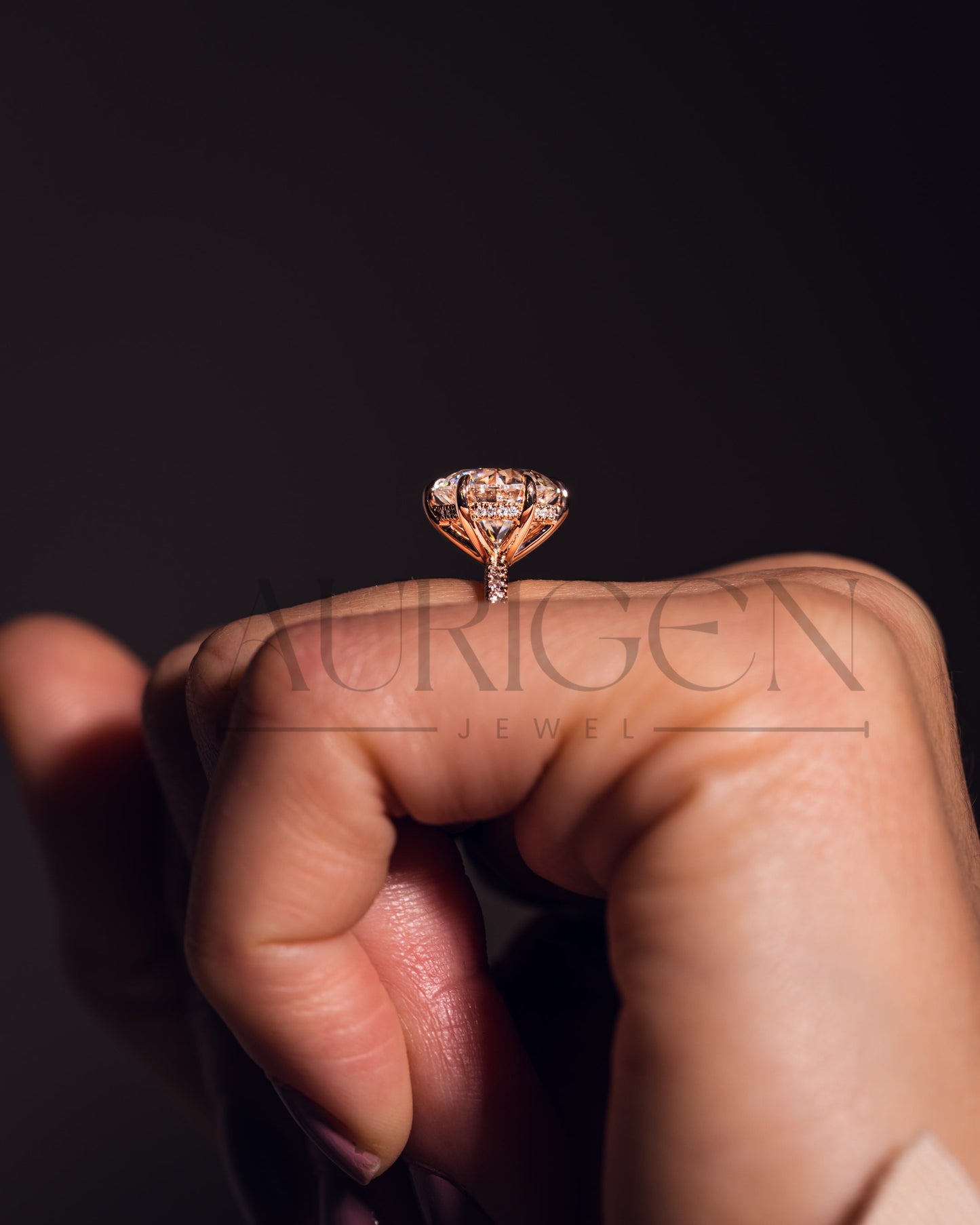 Rose Gold Round Cut Engagement Ring with Hidden Halo Moissanite and Leb Diamond Ring