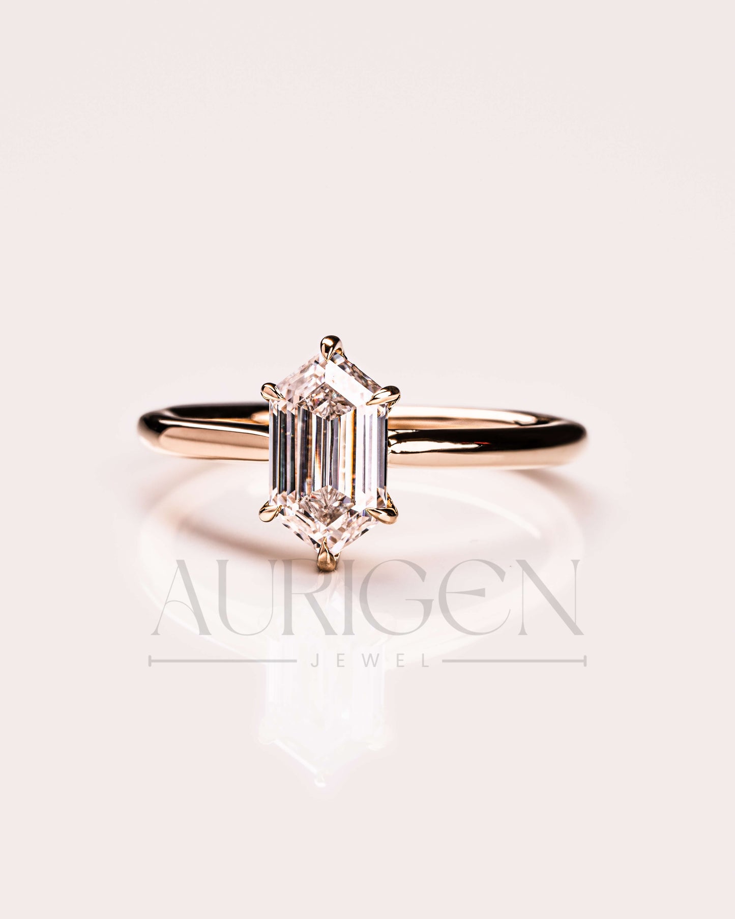 14K Solid Gold Elongated Hexagon Cut Moissanite and Lab Grown Diamond Ring