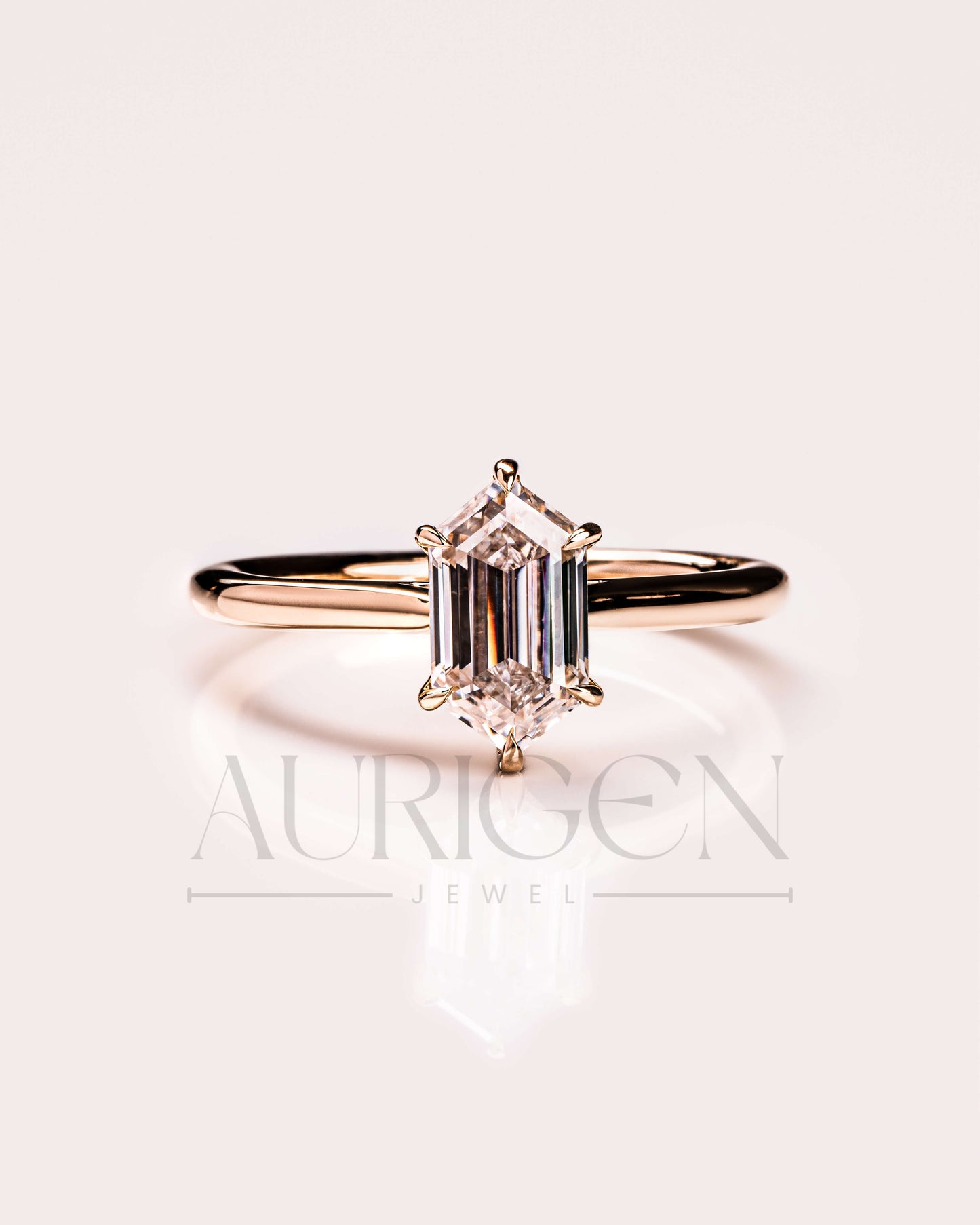 14K Solid Gold Elongated Hexagon Cut Moissanite and Lab Grown Diamond Ring