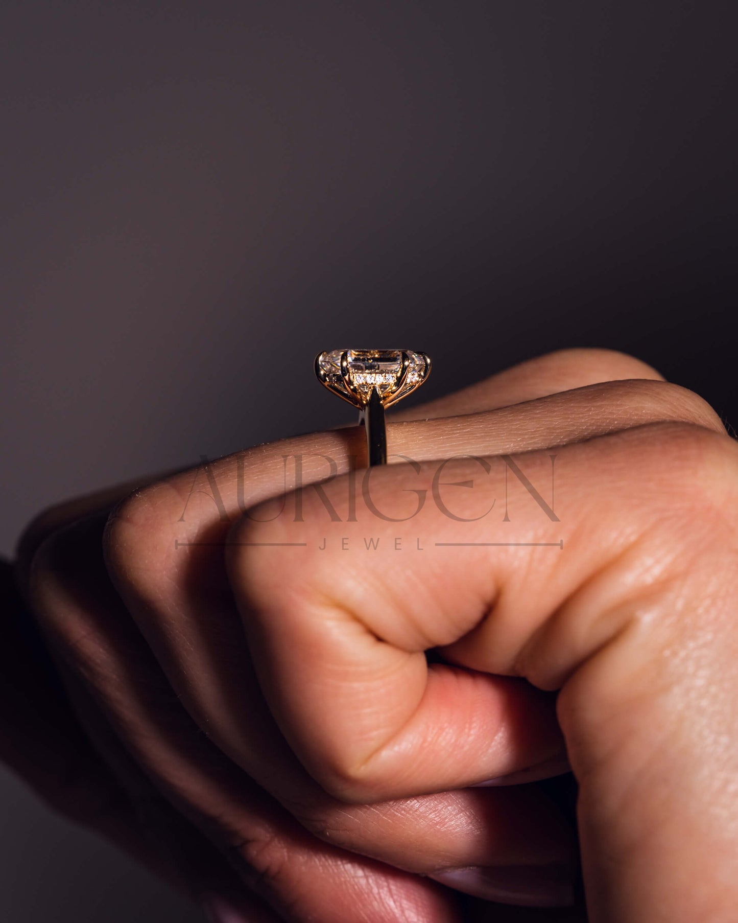 14K Solid Gold Elongated Hexagon Cut Moissanite and Lab Grown Diamond Ring