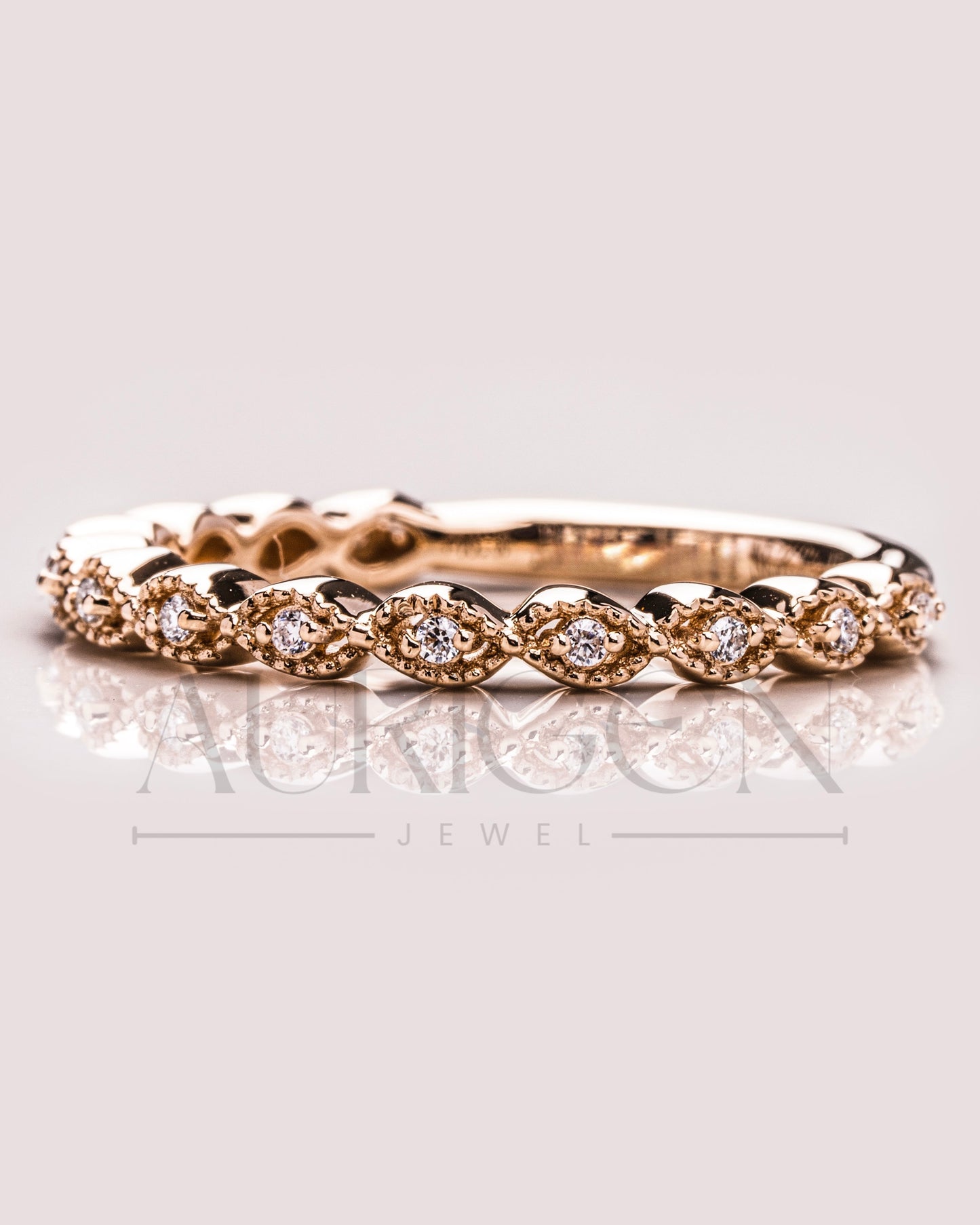 Antique Bloom Band – Round Cut 14K Solid Gold Moissanite and Lab Grown Diamond Elegance