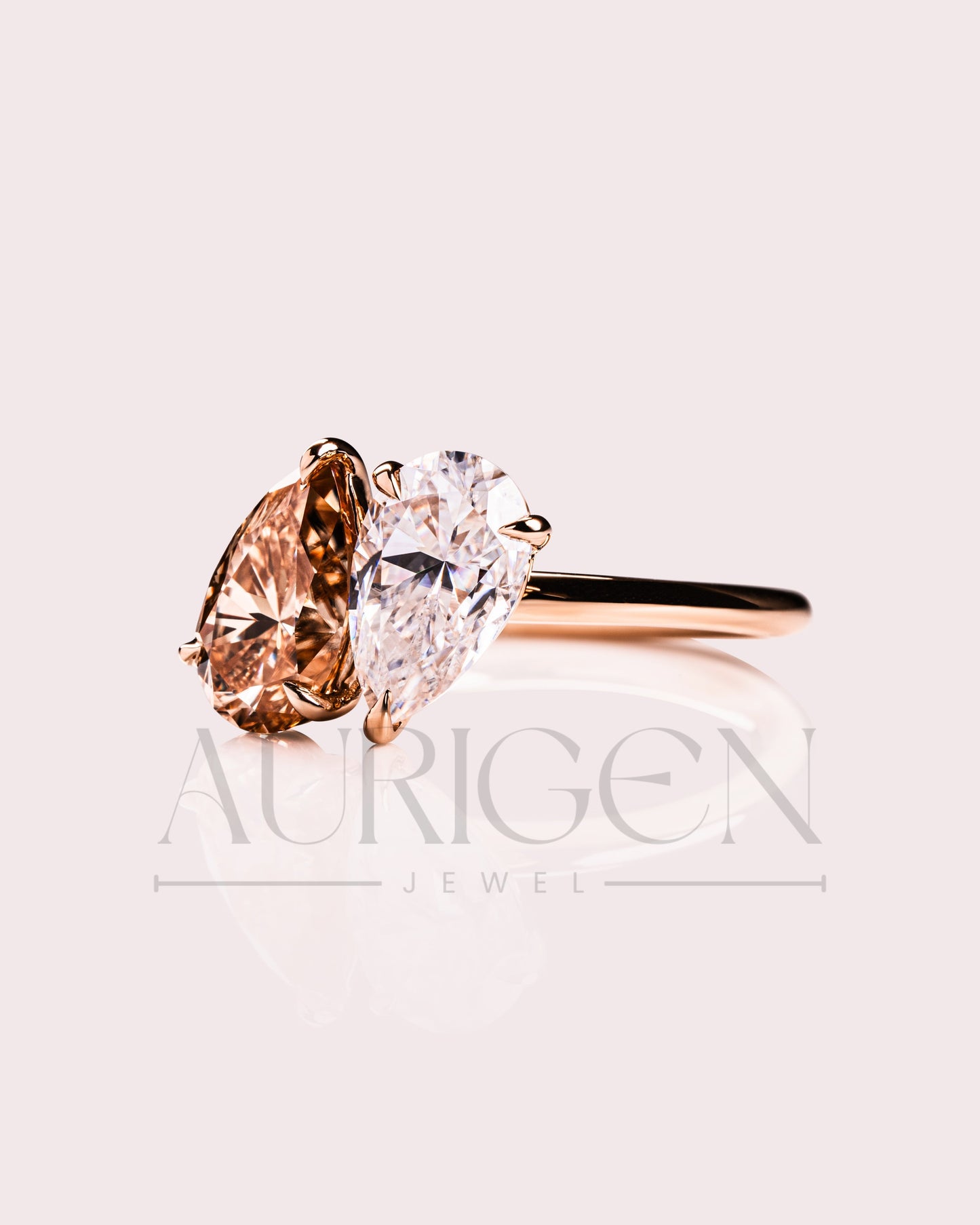 14k Solid Gold Two-Stone Pear Cut Lab Grown and Moissanite Diamond Engagement Ring
