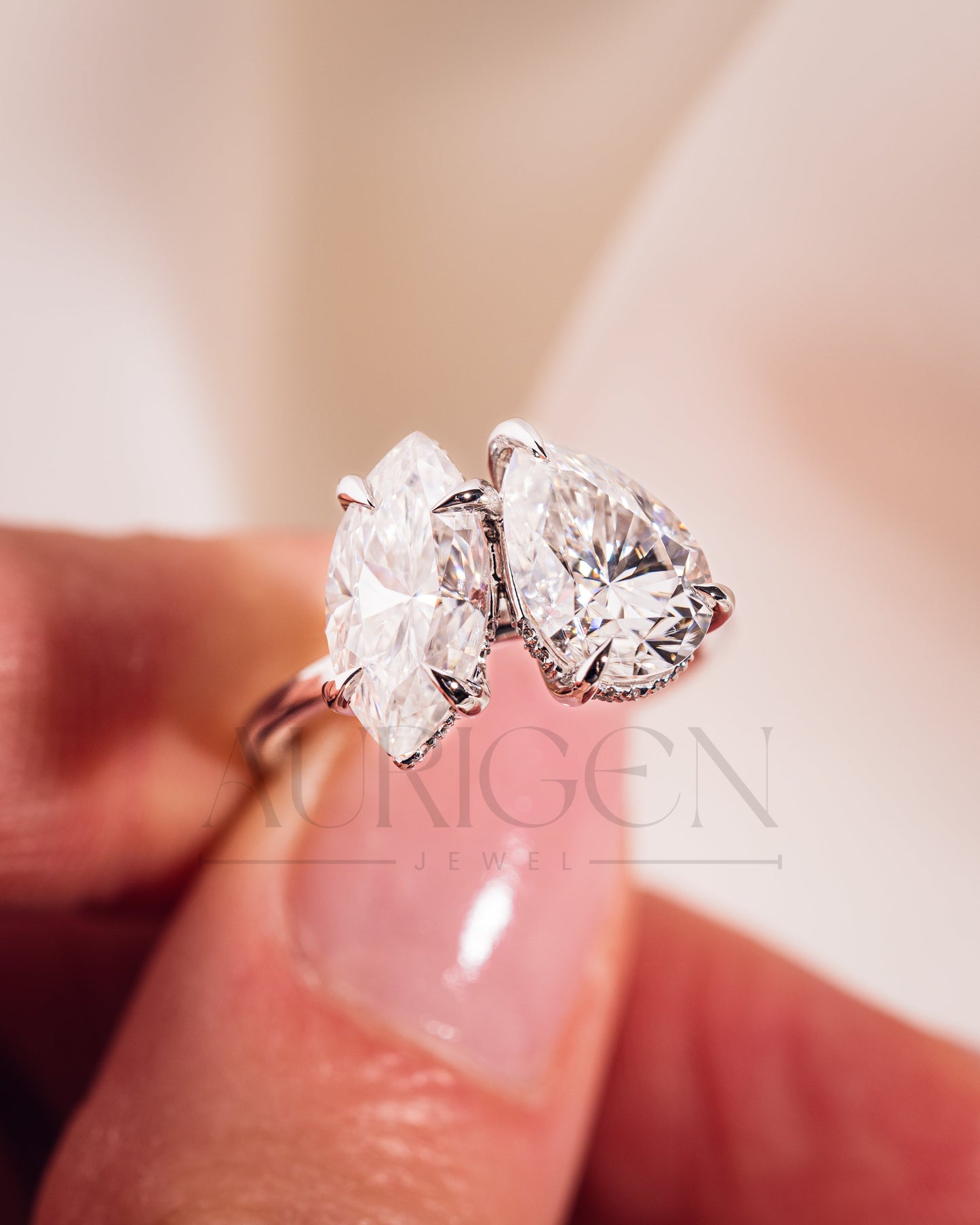 Marquise & Pear Moissanite and Leb Toi et Moi and Hidden Halo Ring 14K White Gold