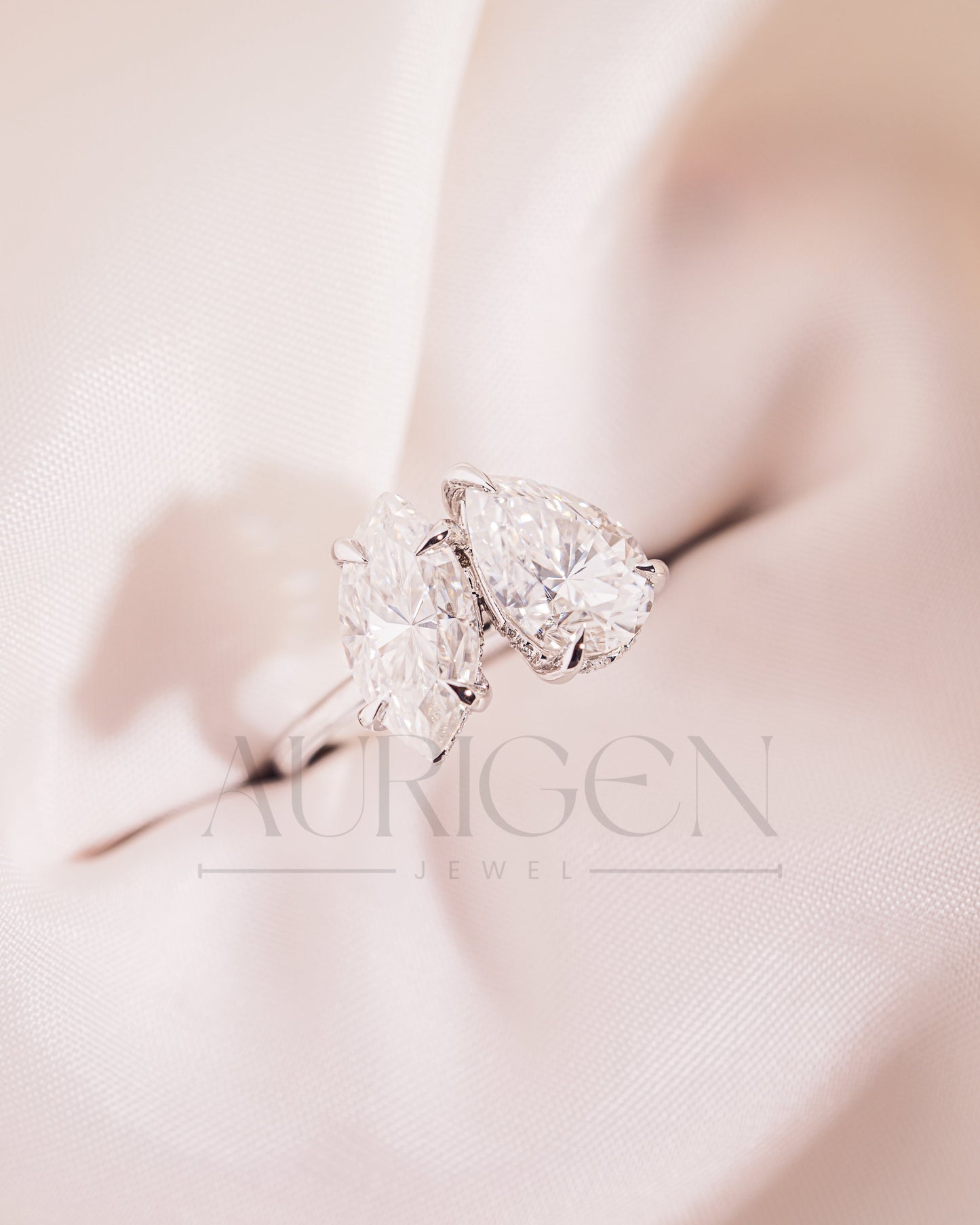 Marquise & Pear Moissanite and Leb Toi et Moi and Hidden Halo Ring 14K White Gold