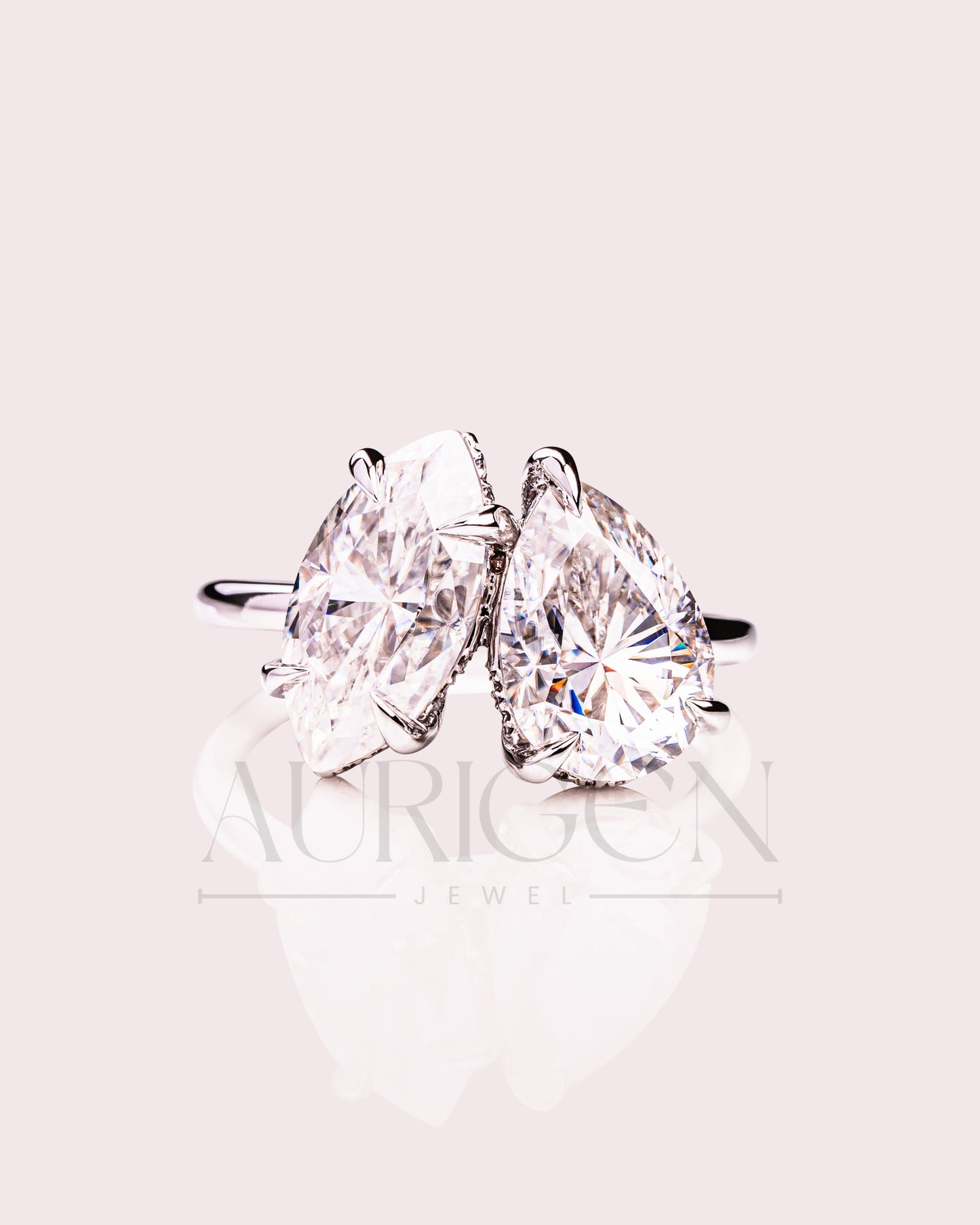 Marquise & Pear Moissanite and Leb Toi et Moi and Hidden Halo Ring 14K White Gold