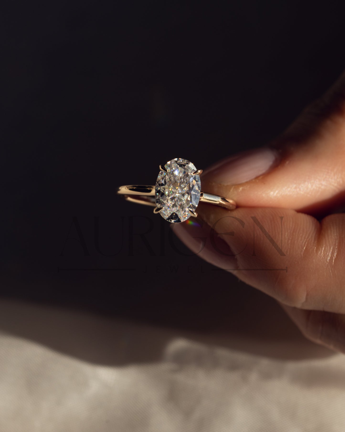 Crushed Ice Oval Solitaire Engagement Ring 4-Prong Moissanite and Leb Grown Ring