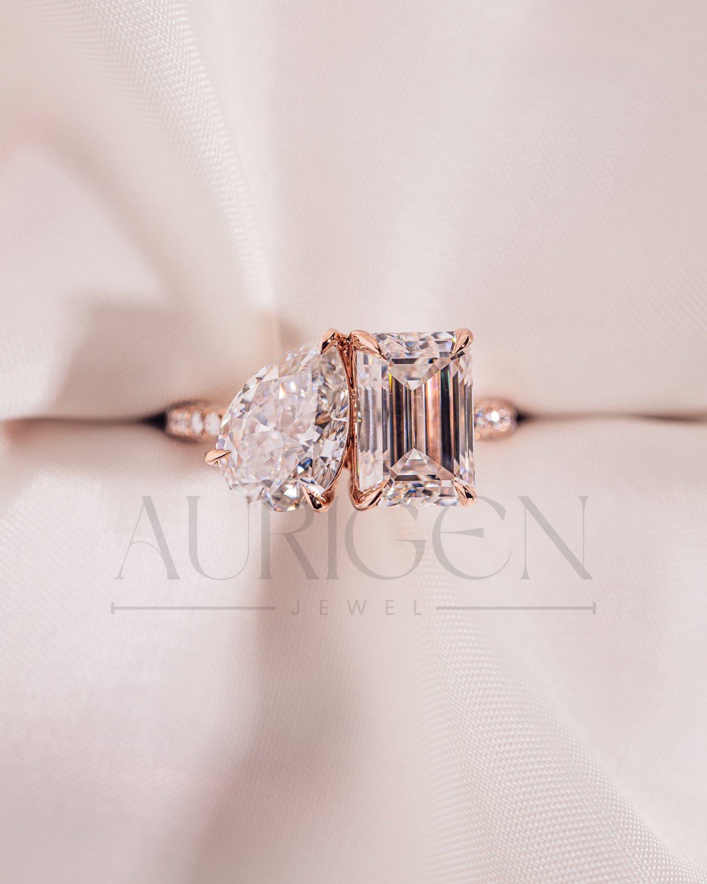 Unique Emerald & Pear Cut Moissanite and Lab Grown Diamond Engagement Ring
