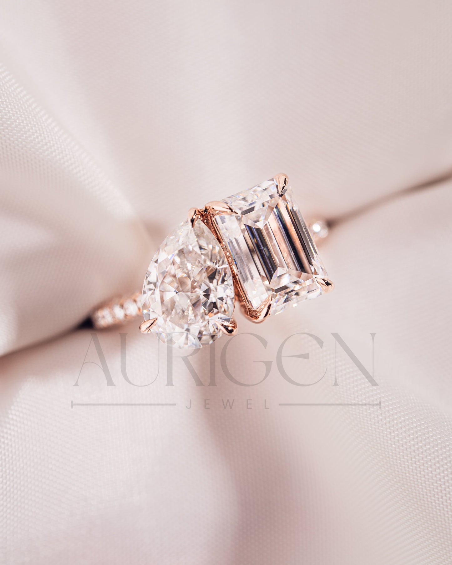 Unique Emerald & Pear Cut Moissanite and Lab Grown Diamond Engagement Ring