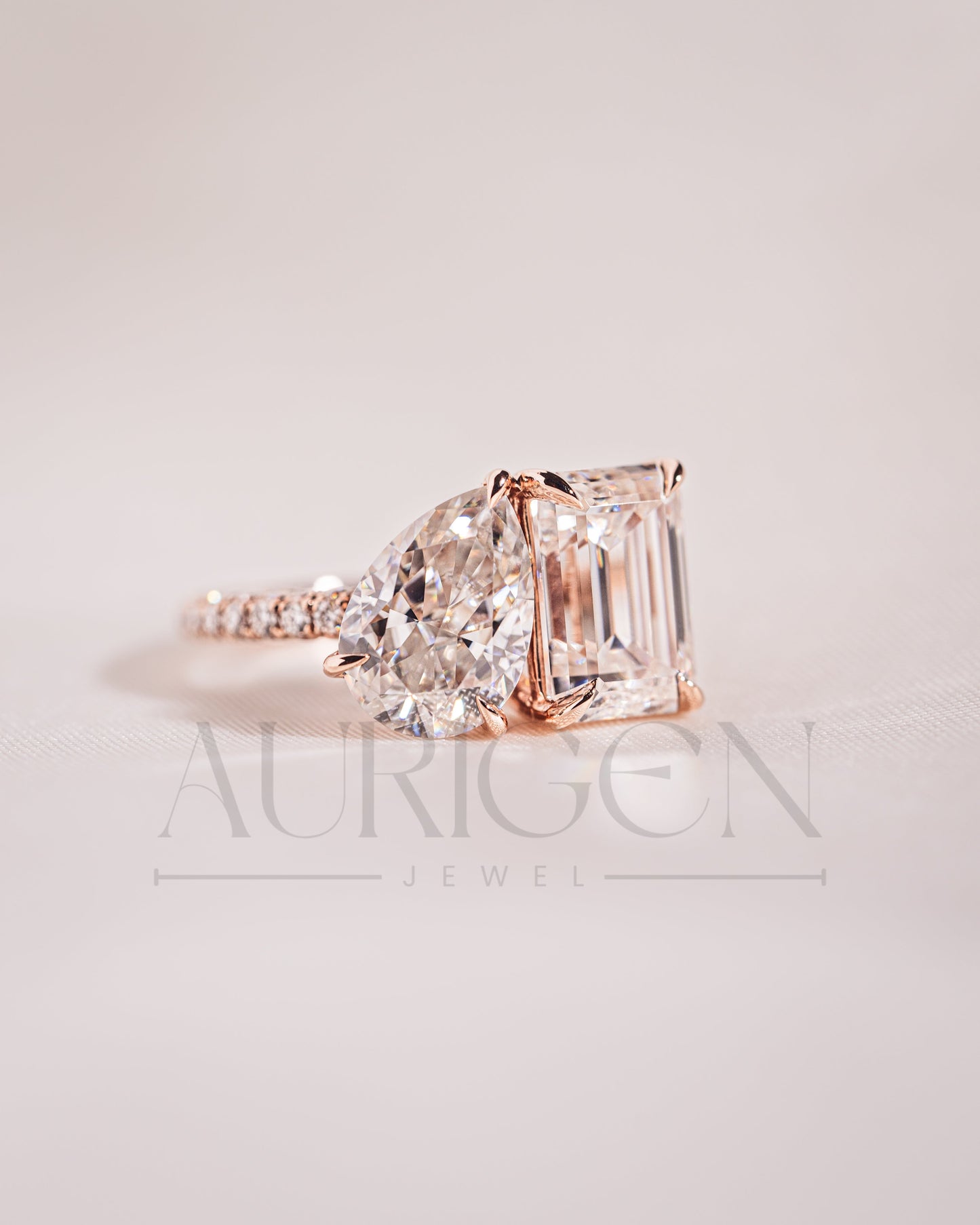 Unique Emerald & Pear Cut Moissanite and Lab Grown Diamond Engagement Ring