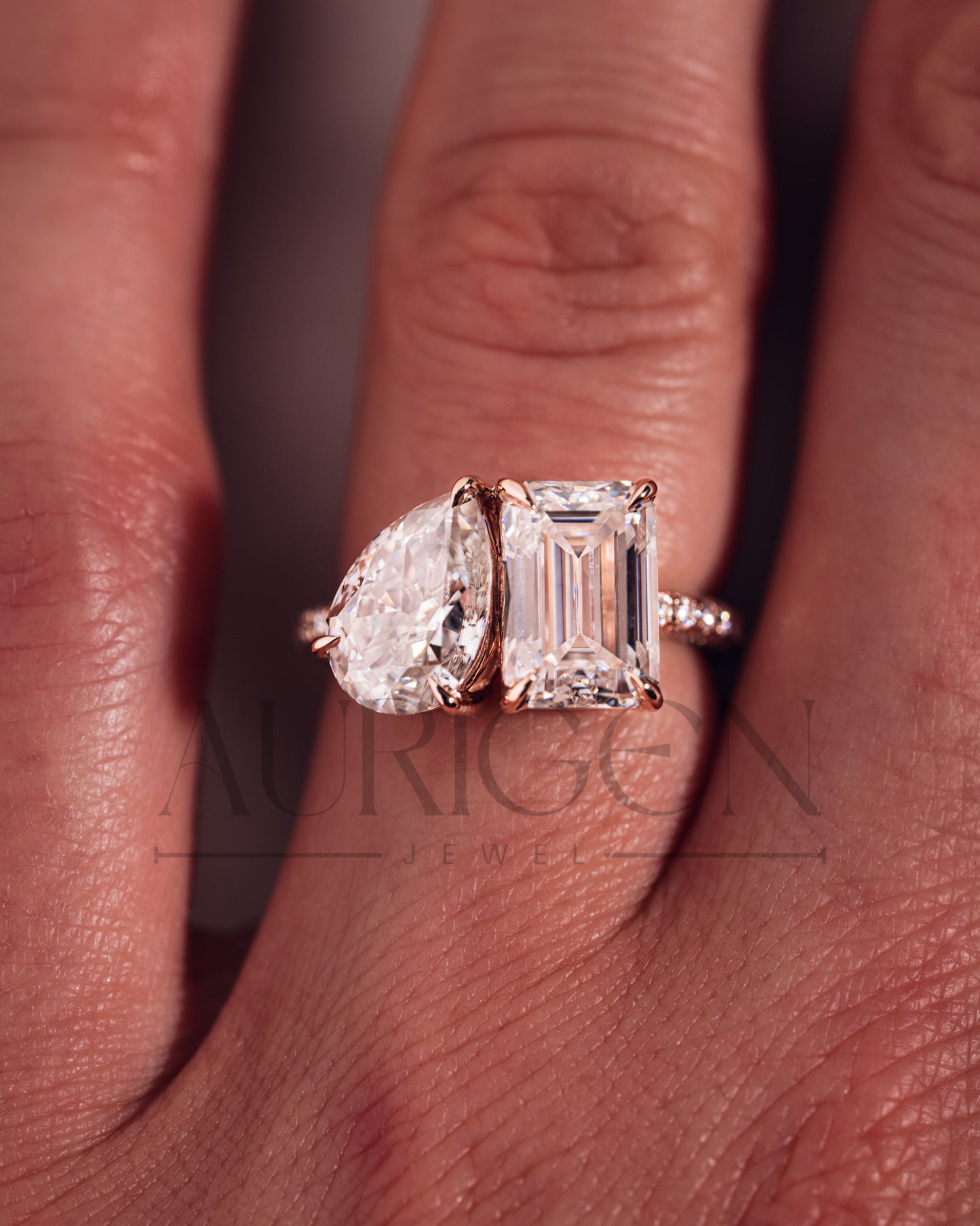 Unique Emerald & Pear Cut Moissanite and Lab Grown Diamond Engagement Ring
