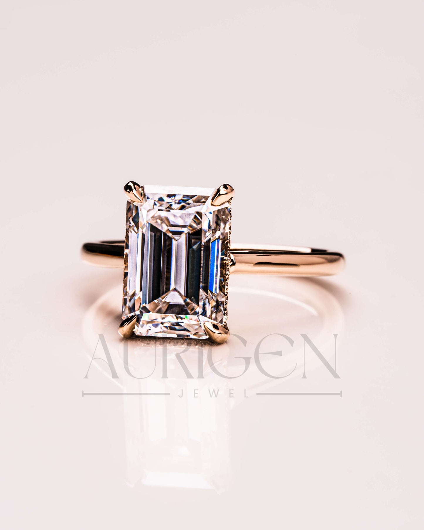 Emerald Cut Moissanite and Lab Grown Diamond Ring With Hidden Halo